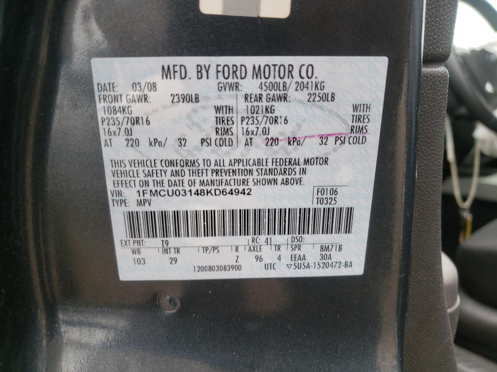 Photo 10 from auction – 2008 FORD ESCAPE XLT with VIN 1FMCU03148KD64942