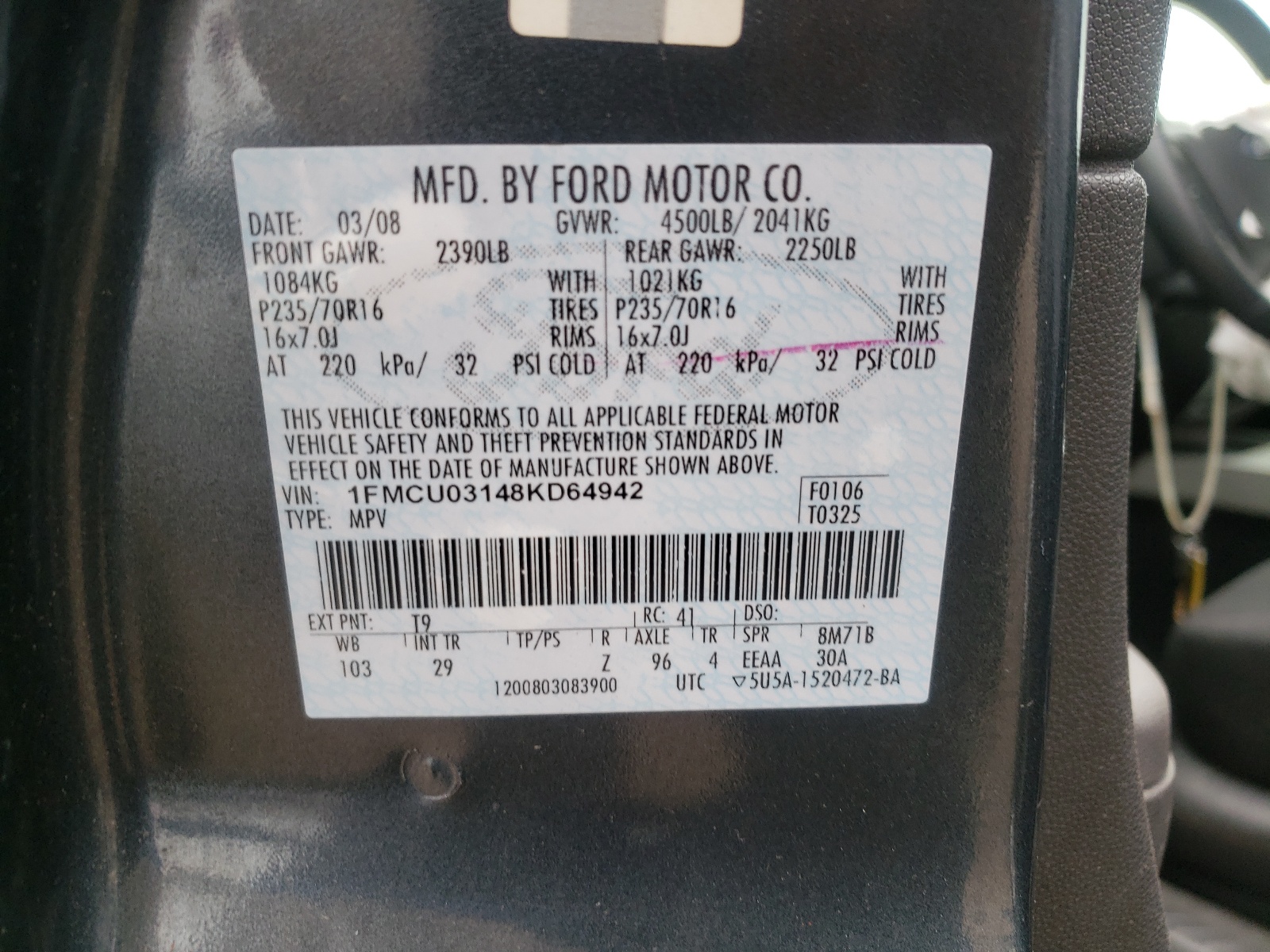Zdjęcie 10 z aukcji – 2008 FORD ESCAPE XLT z VIN 1FMCU03148KD64942