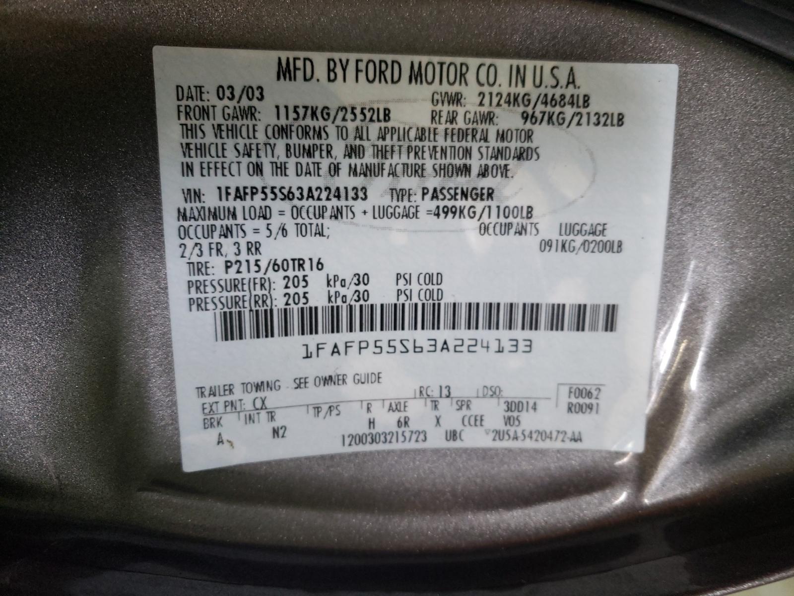 Photo 10 from auction – 2003 FORD TAURUS SES with VIN 1FAFP55S63A224133
