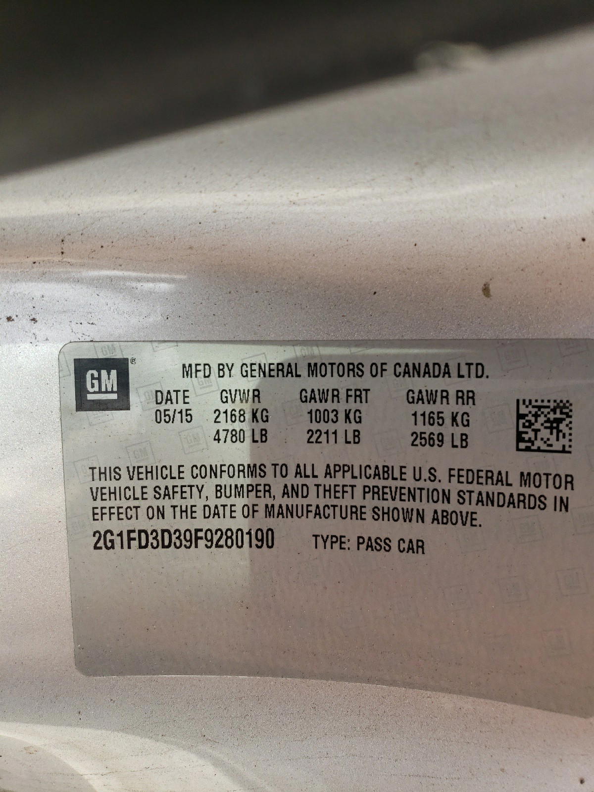 Photo 10 from auction – 2015 CHEVROLET CAMARO LT with VIN 2G1FD3D39F9280190