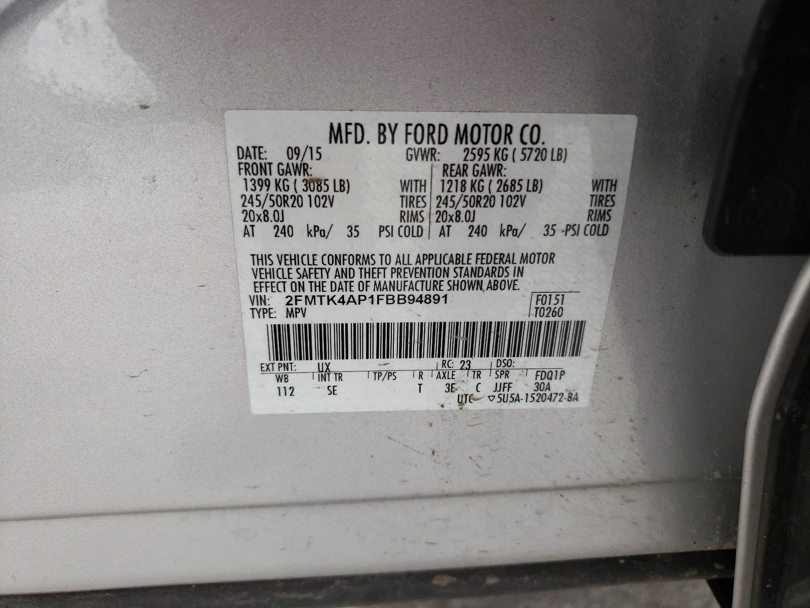 Photo 10 from auction – 2015 FORD EDGE SPORT with VIN 2FMTK4AP1FBB94891