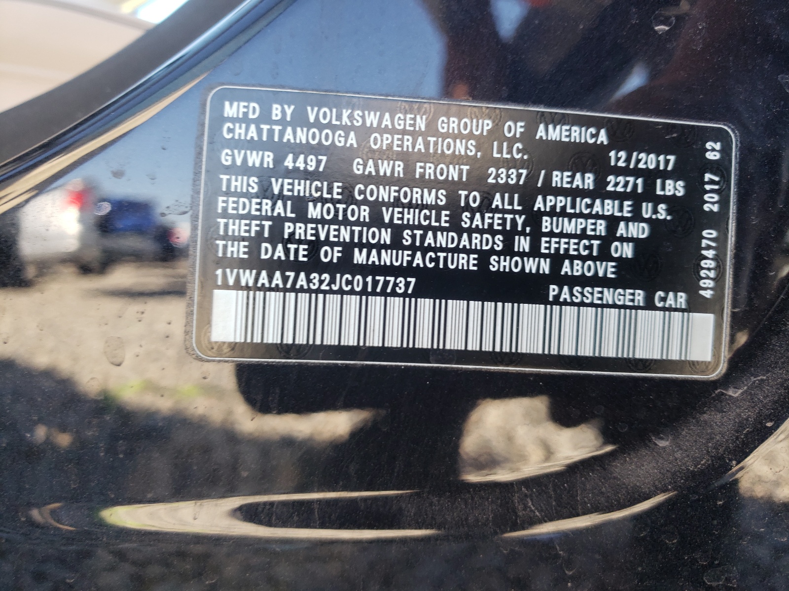 Photo 10 from auction – 2018 VOLKSWAGEN PASSAT S with VIN 1VWAA7A32JC017737