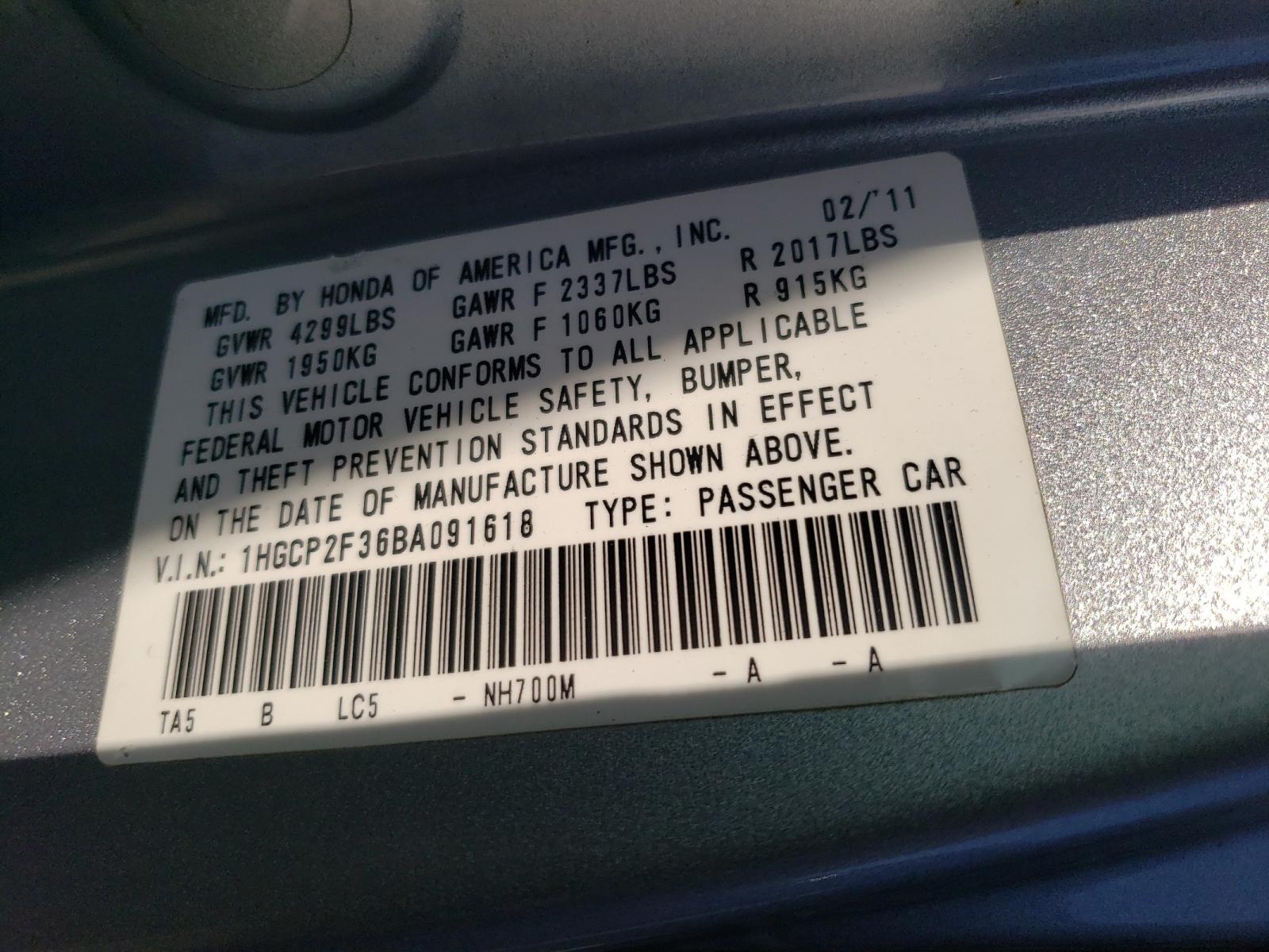Photo 10 from auction – 2011 HONDA ACCORD LX with VIN 1HGCP2F36BA091618