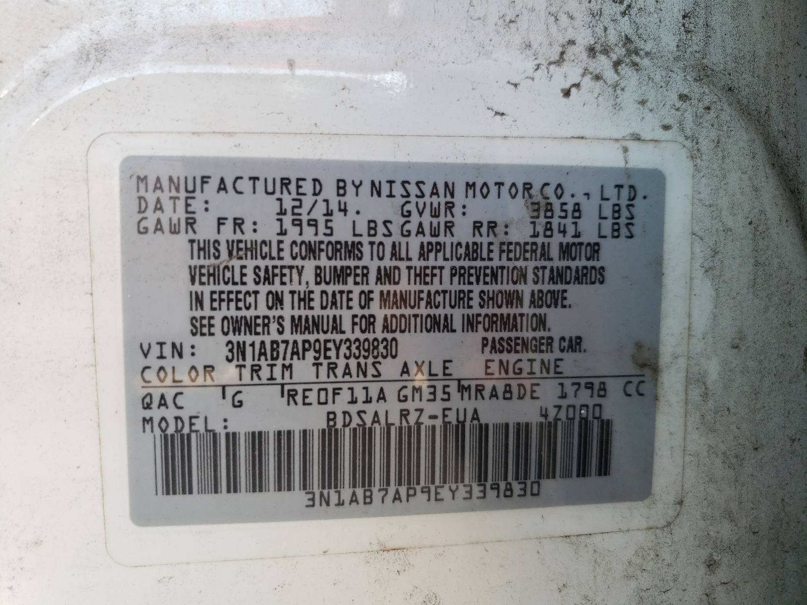 Photo 10 from auction – 2014 NISSAN SENTRA S with VIN 3N1AB7AP9EY339830