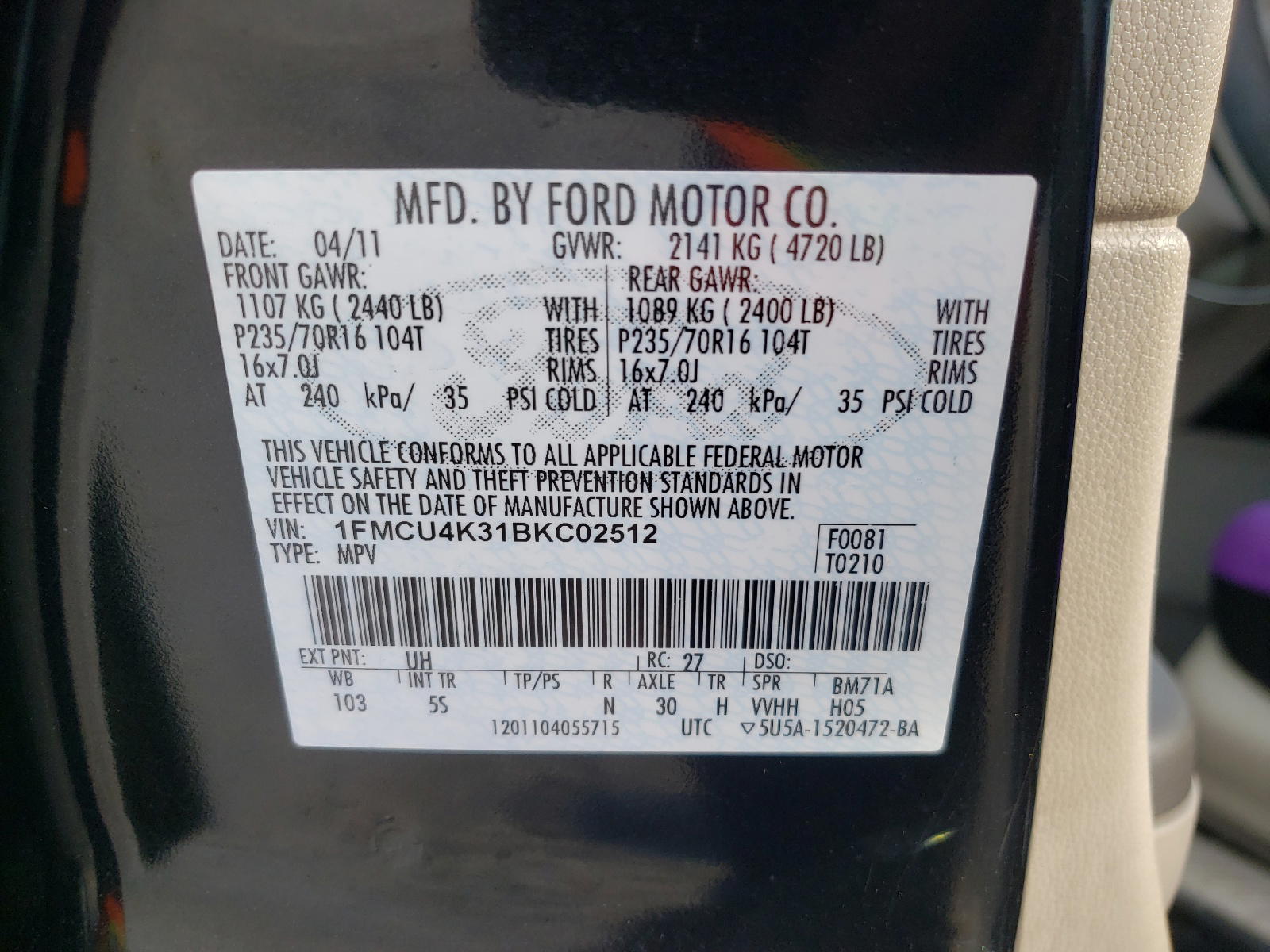 Photo 10 from auction – 2011 FORD ESCAPE HYB with VIN 1FMCU4K31BKC02512