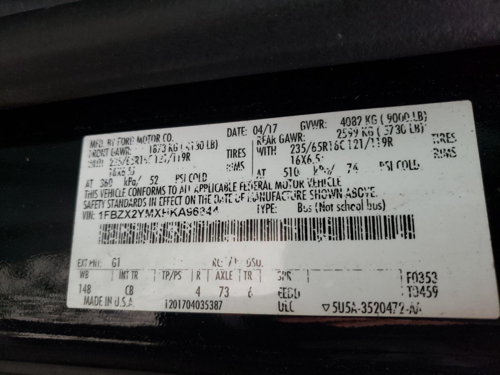 Photo 10 from auction – 2017 FORD TRANSIT T- with VIN 1FBZX2YMXHKA96844
