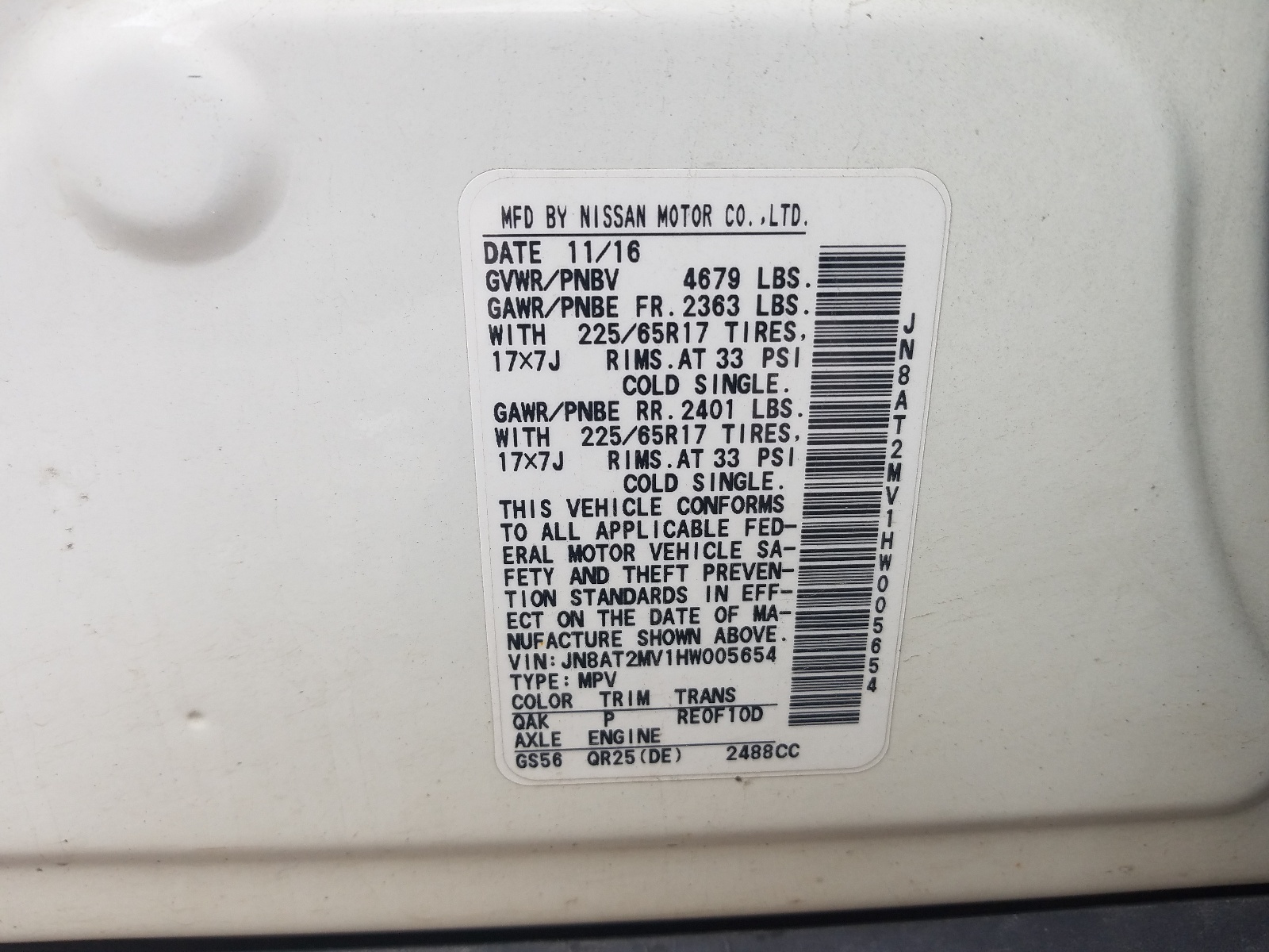 Photo 10 from auction – 2017 NISSAN ROGUE S with VIN JN8AT2MV1HW005654