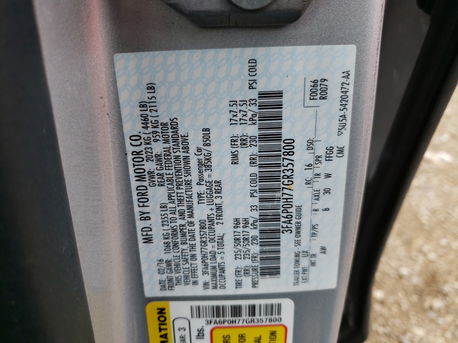 Photo 10 from auction – 2016 FORD FUSION SE with VIN 3FA6P0H77GR357800