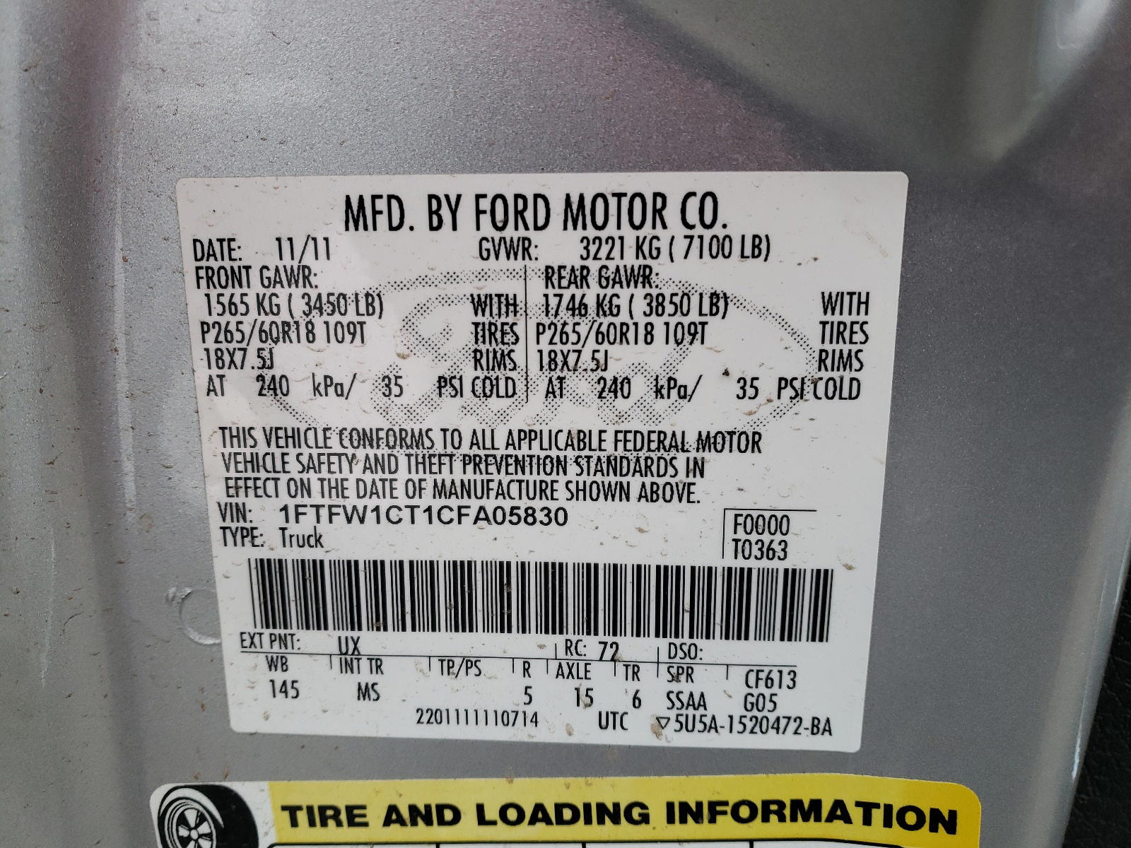 Photo 10 from auction – 2012 FORD F150 SUPER with VIN 1FTFW1CT1CFA05830