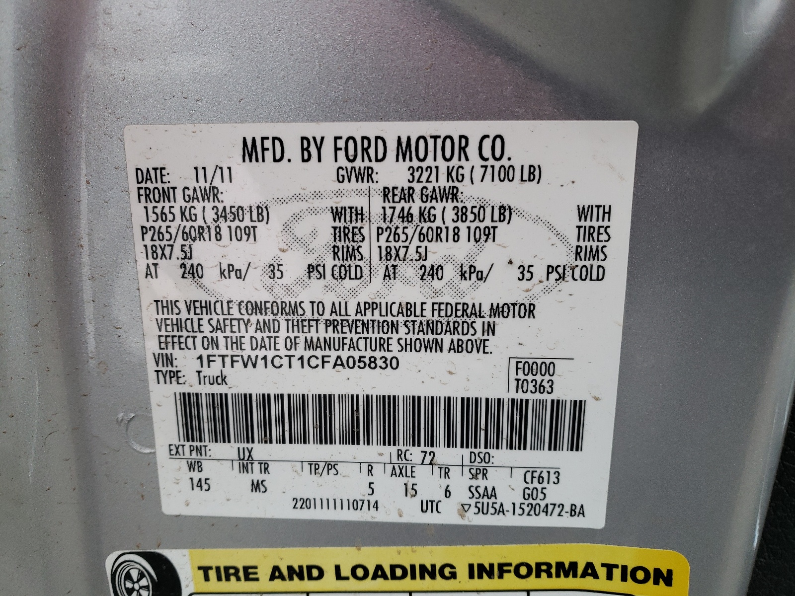 Фото 10 с аукциона – 2012 FORD F150 SUPER с VIN 1FTFW1CT1CFA05830