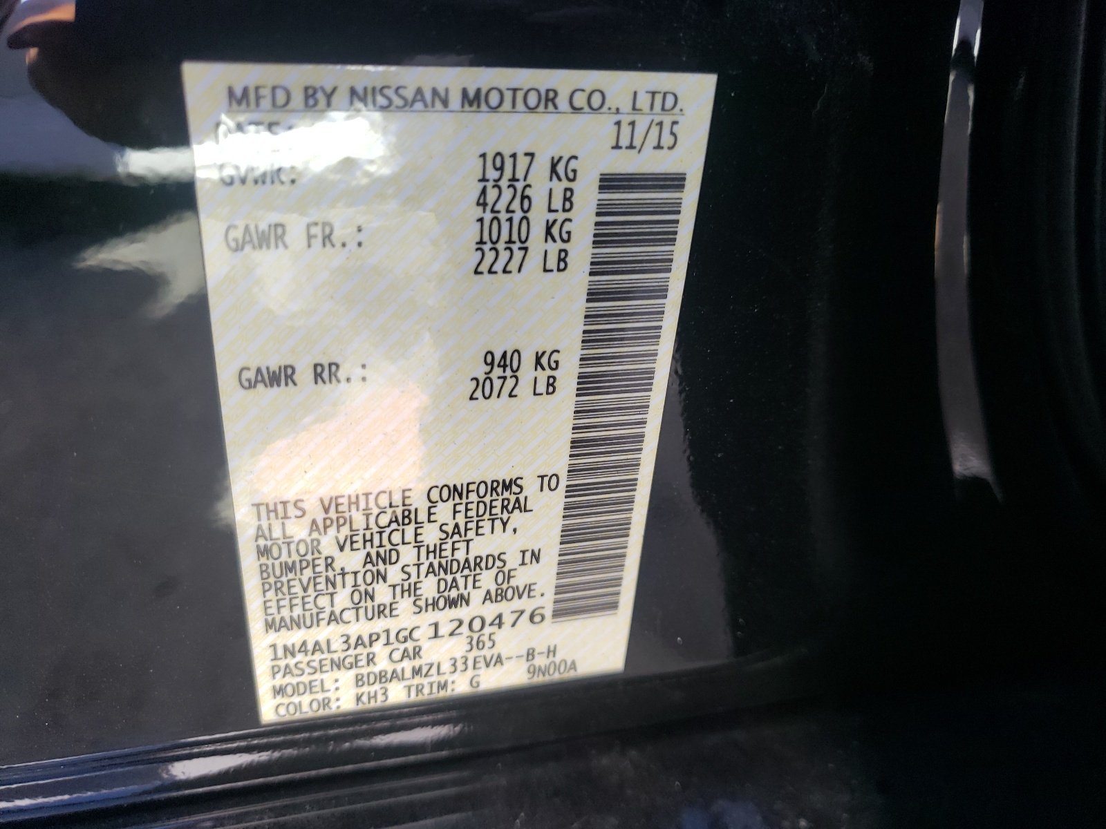 Photo 10 from auction – 2016 NISSAN ALTIMA 2.5 with VIN 1N4AL3AP1GC120476