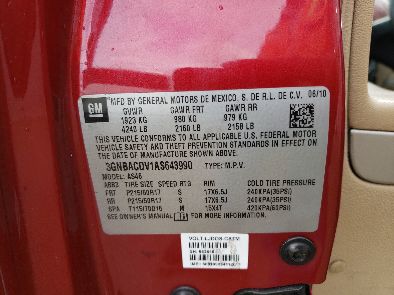 Photo 10 from auction – 2010 CHEVROLET HHR LT with VIN 3GNBACDV1AS643990