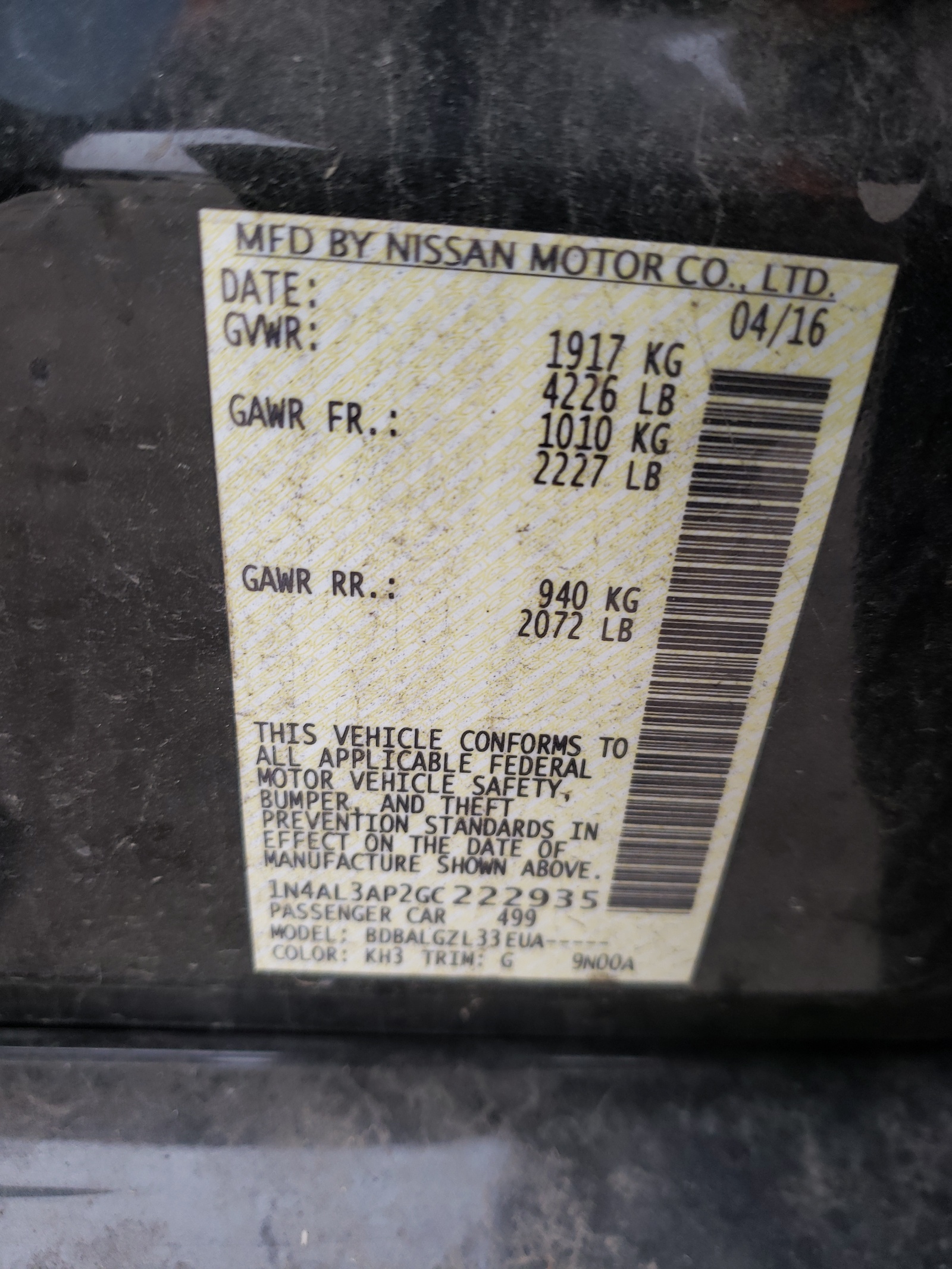 Photo 10 from auction – 2016 NISSAN ALTIMA 2.5 with VIN 1N4AL3AP2GC222935