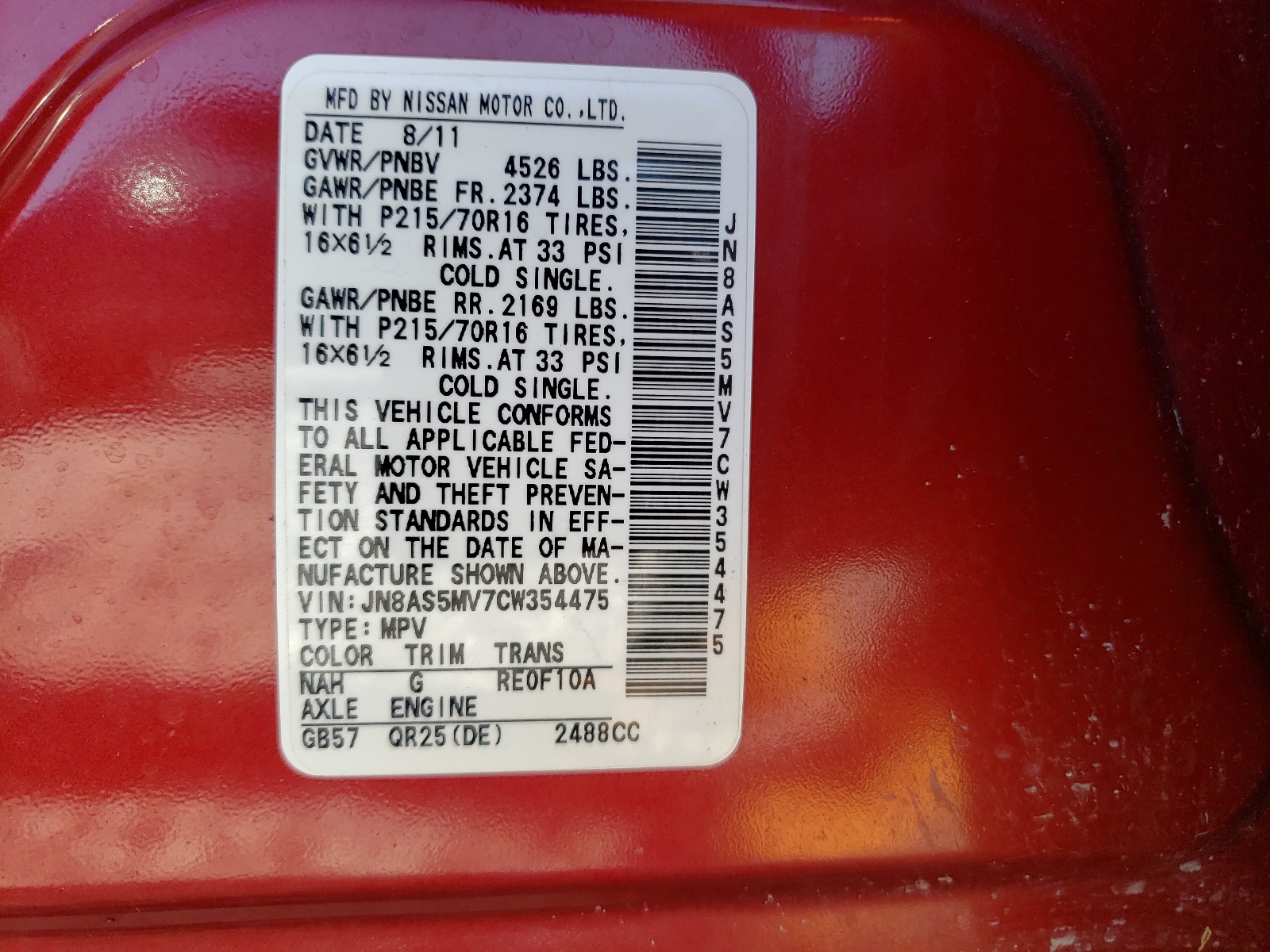 Photo 10 from auction – 2012 NISSAN ROGUE S with VIN JN8AS5MV7CW354475
