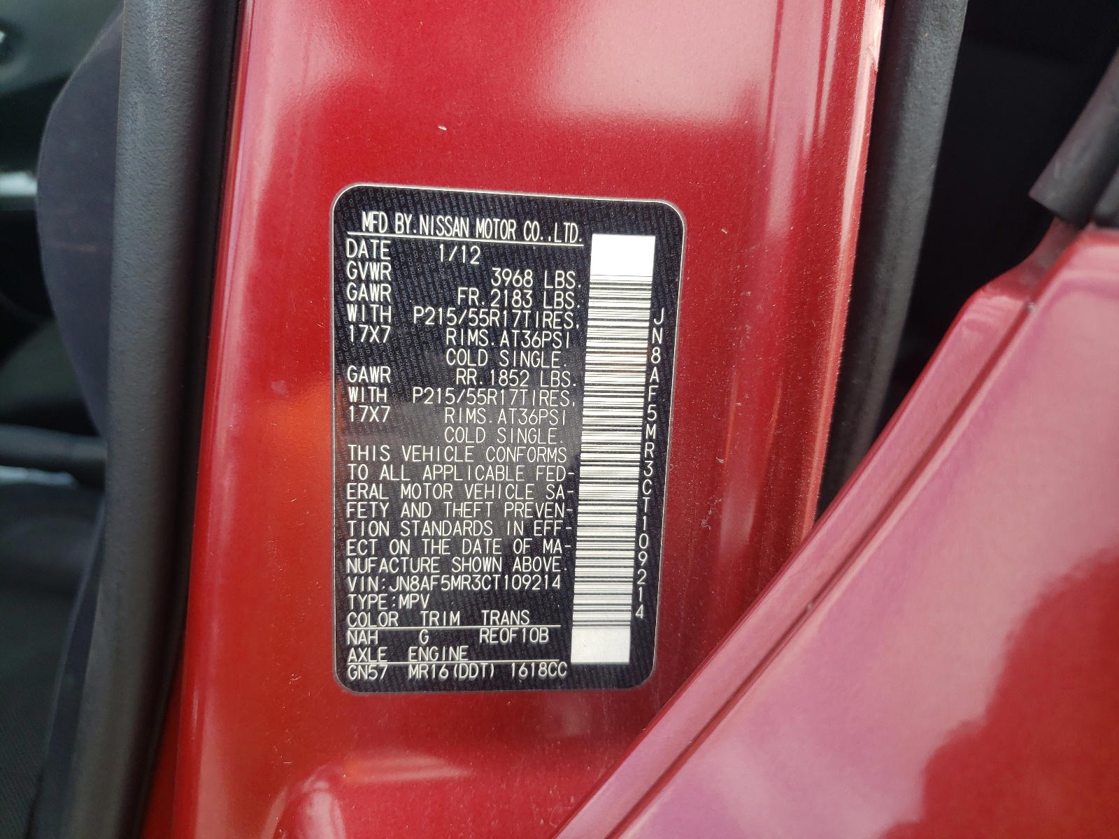 Photo 10 from auction – 2012 NISSAN JUKE S with VIN JN8AF5MR3CT109214