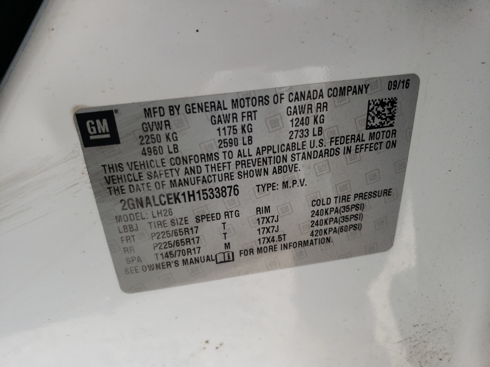 Photo 10 from auction – 2017 CHEVROLET EQUINOX LT with VIN 2GNALCEK1H1533876