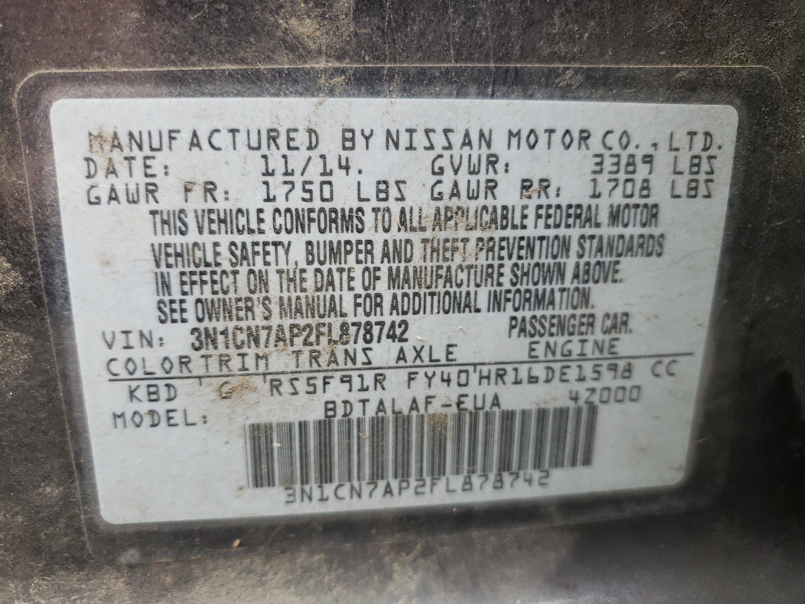 Photo 10 from auction – 2015 NISSAN VERSA S with VIN 3N1CN7AP2FL878742