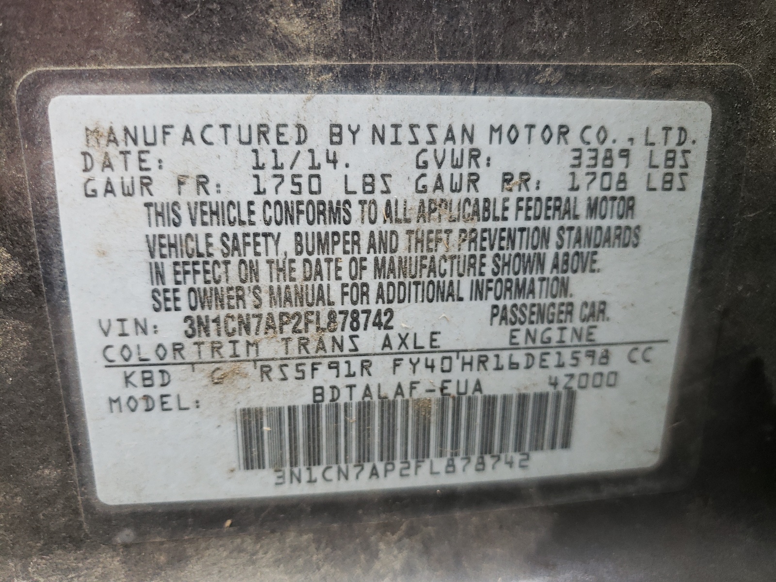 Zdjęcie 10 z aukcji – 2015 NISSAN VERSA S z VIN 3N1CN7AP2FL878742