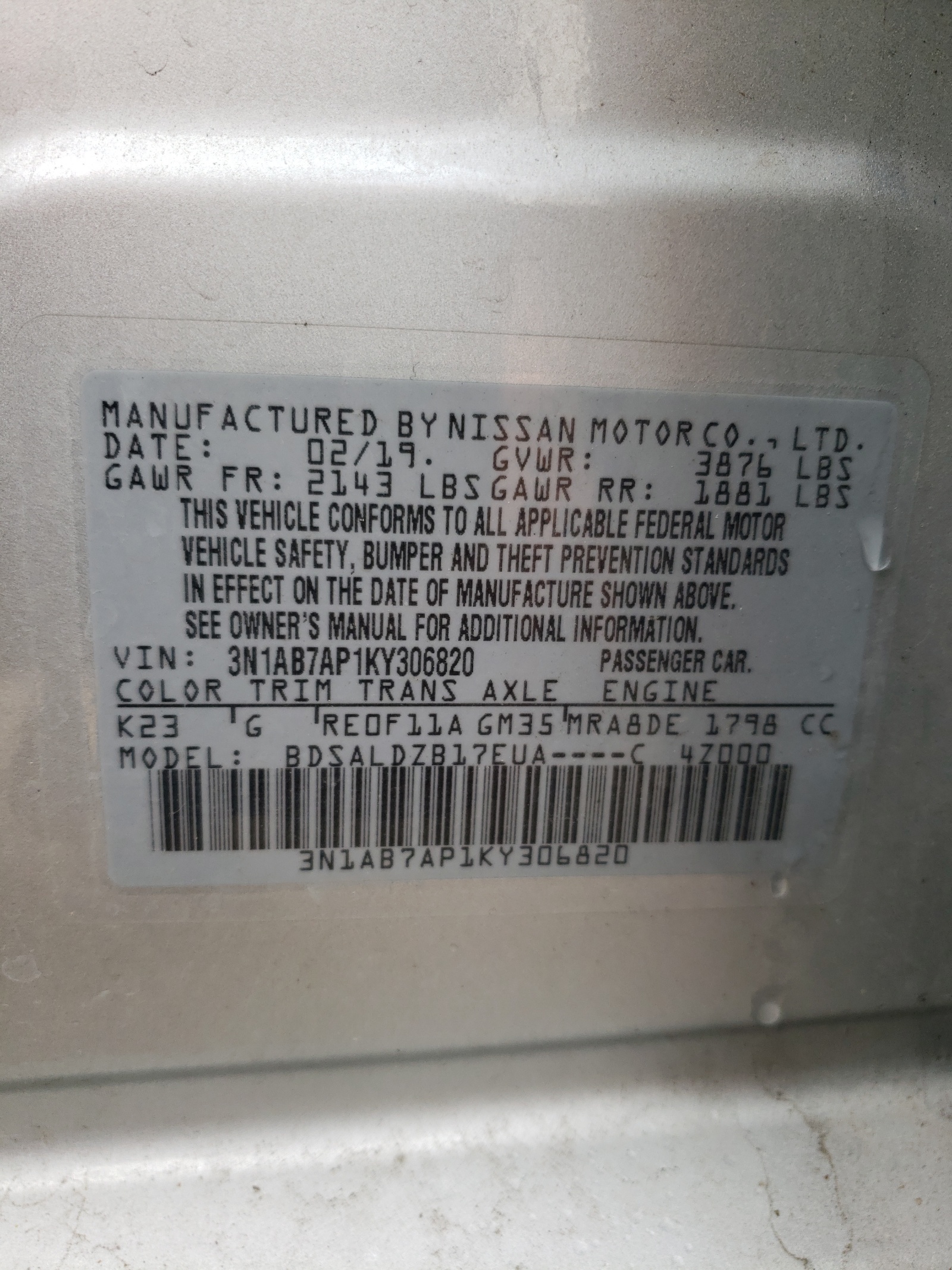 Photo 10 from auction – 2019 NISSAN SENTRA S with VIN 3N1AB7AP1KY306820