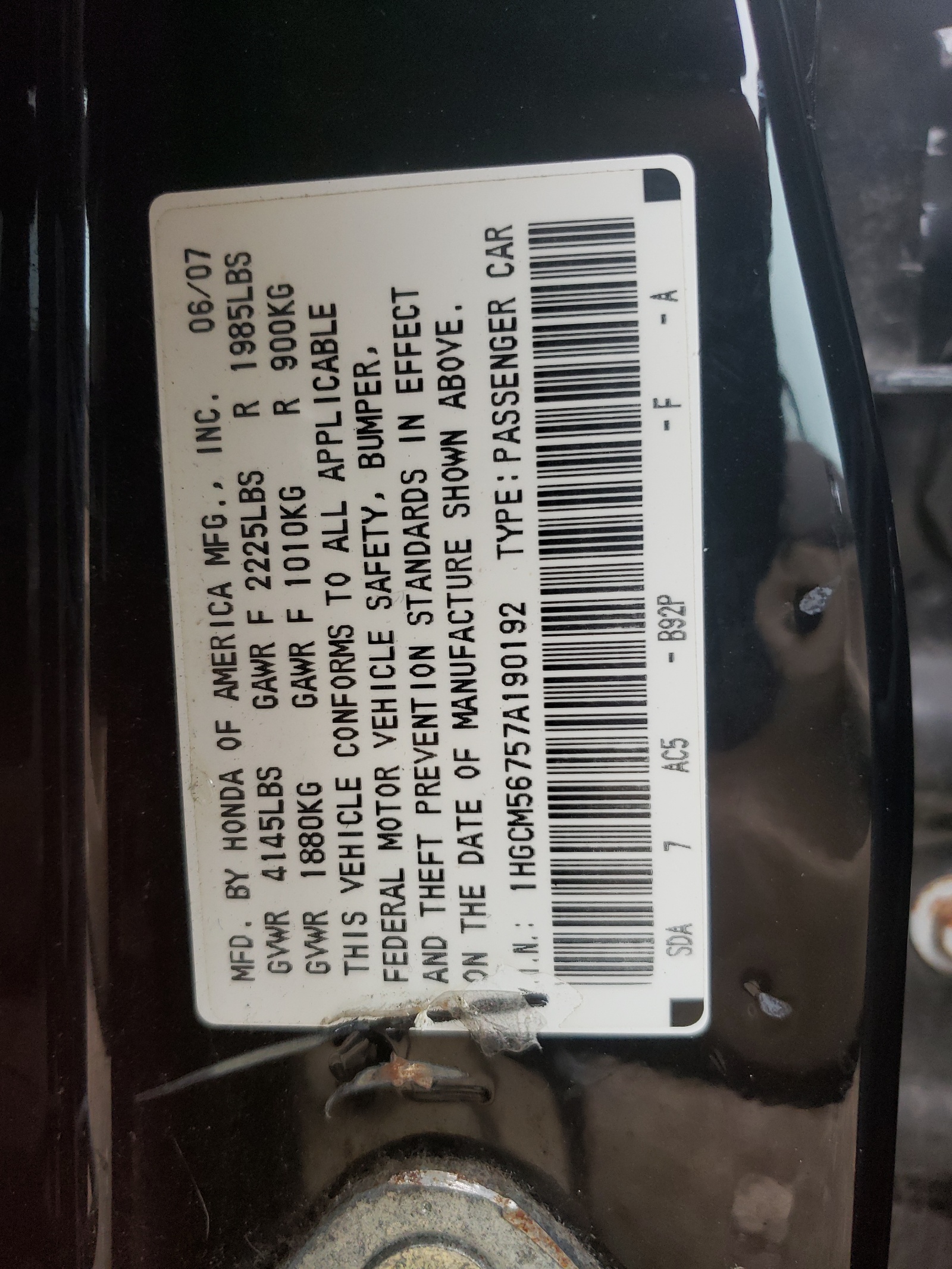 Photo 10 from auction – 2007 HONDA ACCORD EX with VIN 1HGCM56757A190192