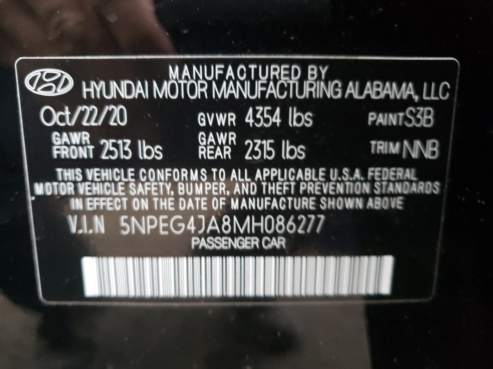 Photo 10 from auction – 2021 HYUNDAI SONATA SE with VIN 5NPEG4JA8MH086277