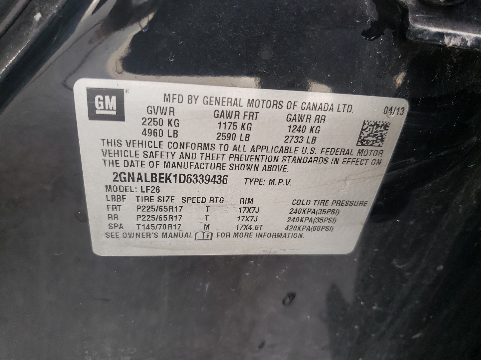 Photo 10 from auction – 2013 CHEVROLET EQUINOX LS with VIN 2GNALBEK1D6339436