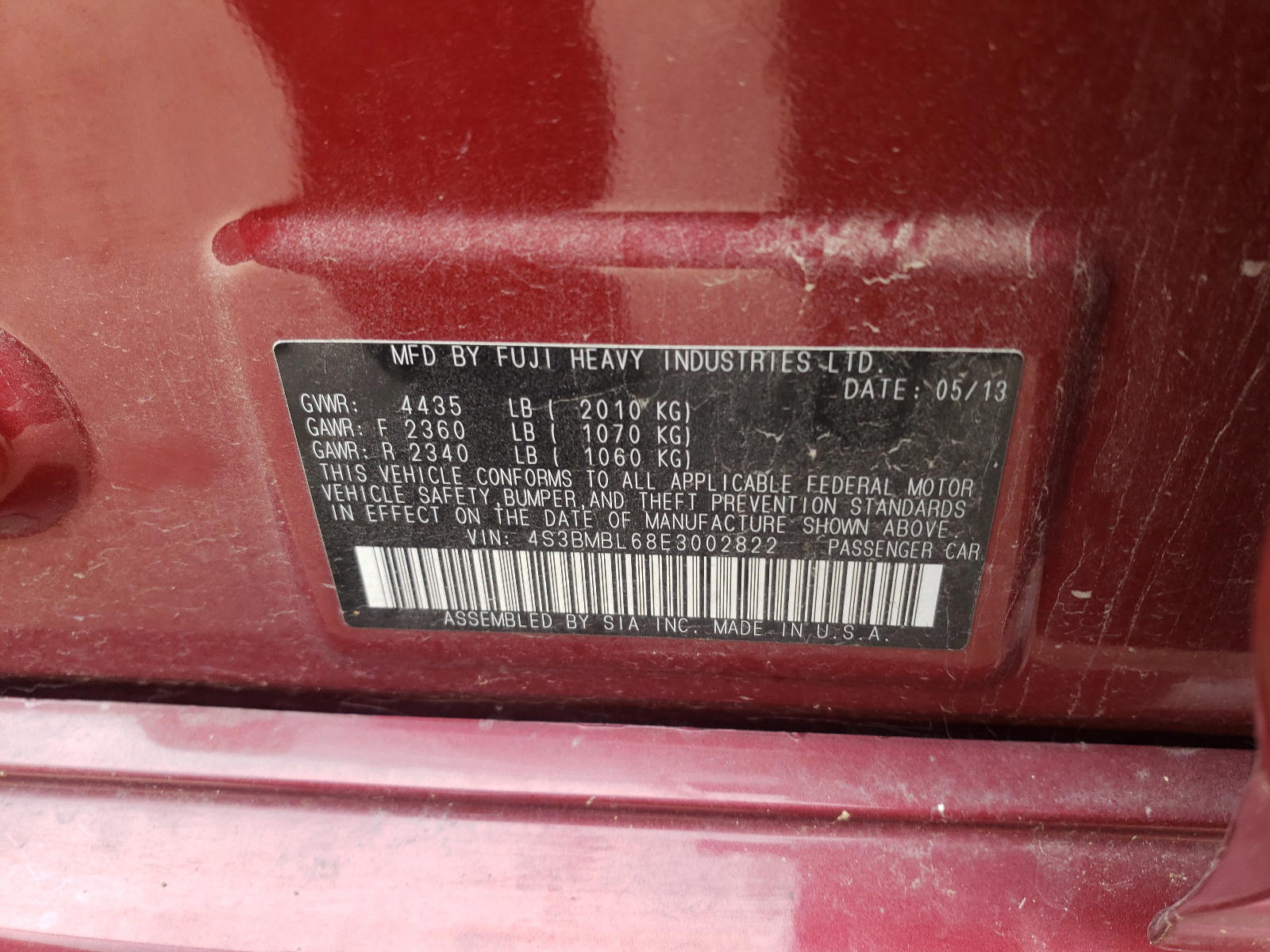Photo 10 from auction – 2014 SUBARU LEGACY 2.5 with VIN 4S3BMBL68E3002822