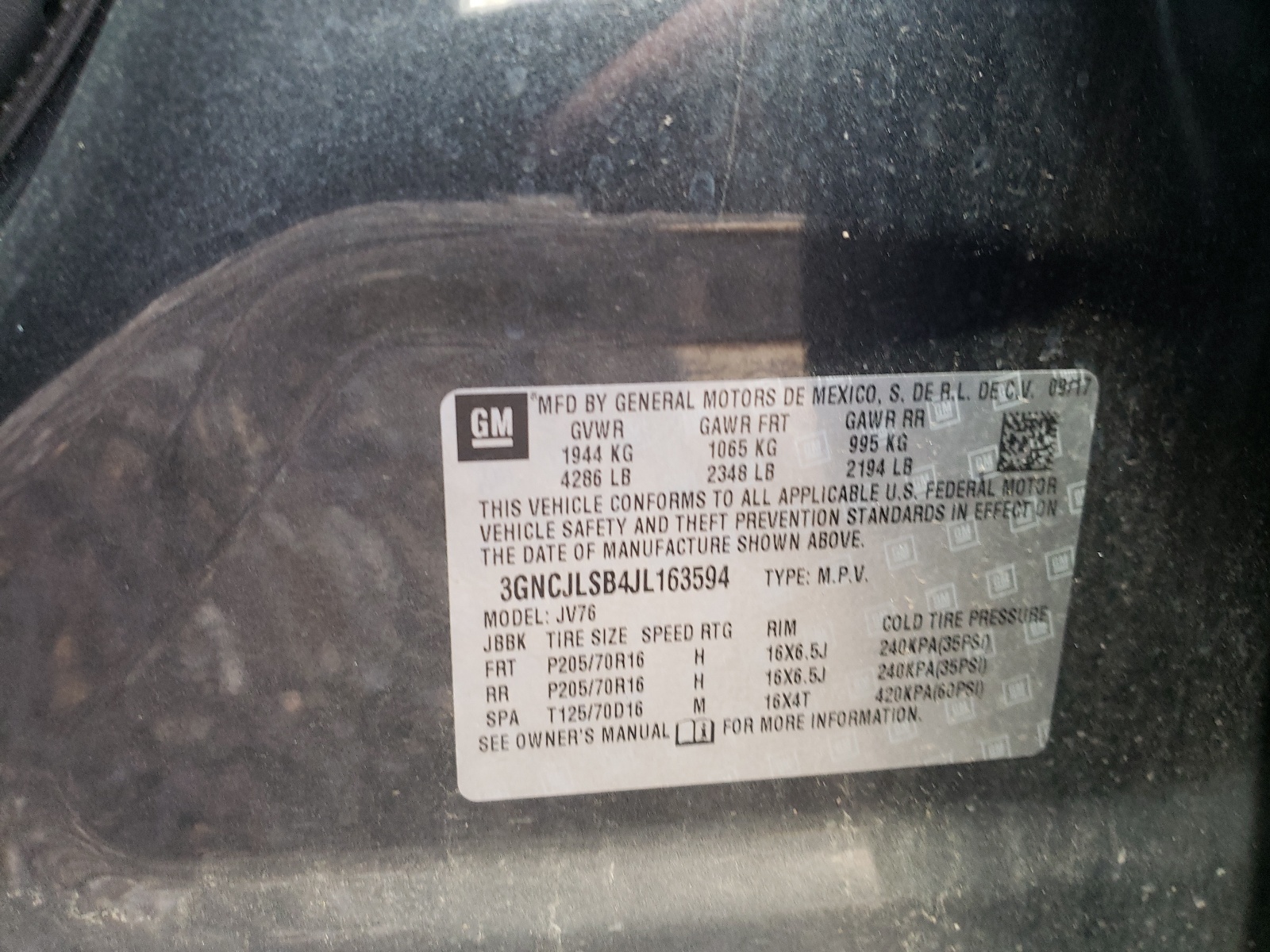 Photo 10 from auction – 2018 CHEVROLET TRAX 1LT with VIN 3GNCJLSB4JL163594