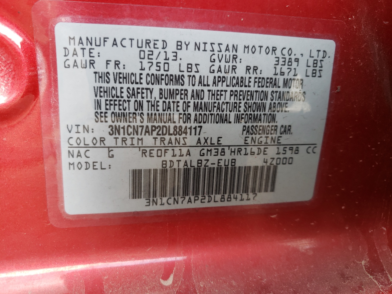 Photo 10 from auction – 2013 NISSAN VERSA S with VIN 3N1CN7AP2DL884117