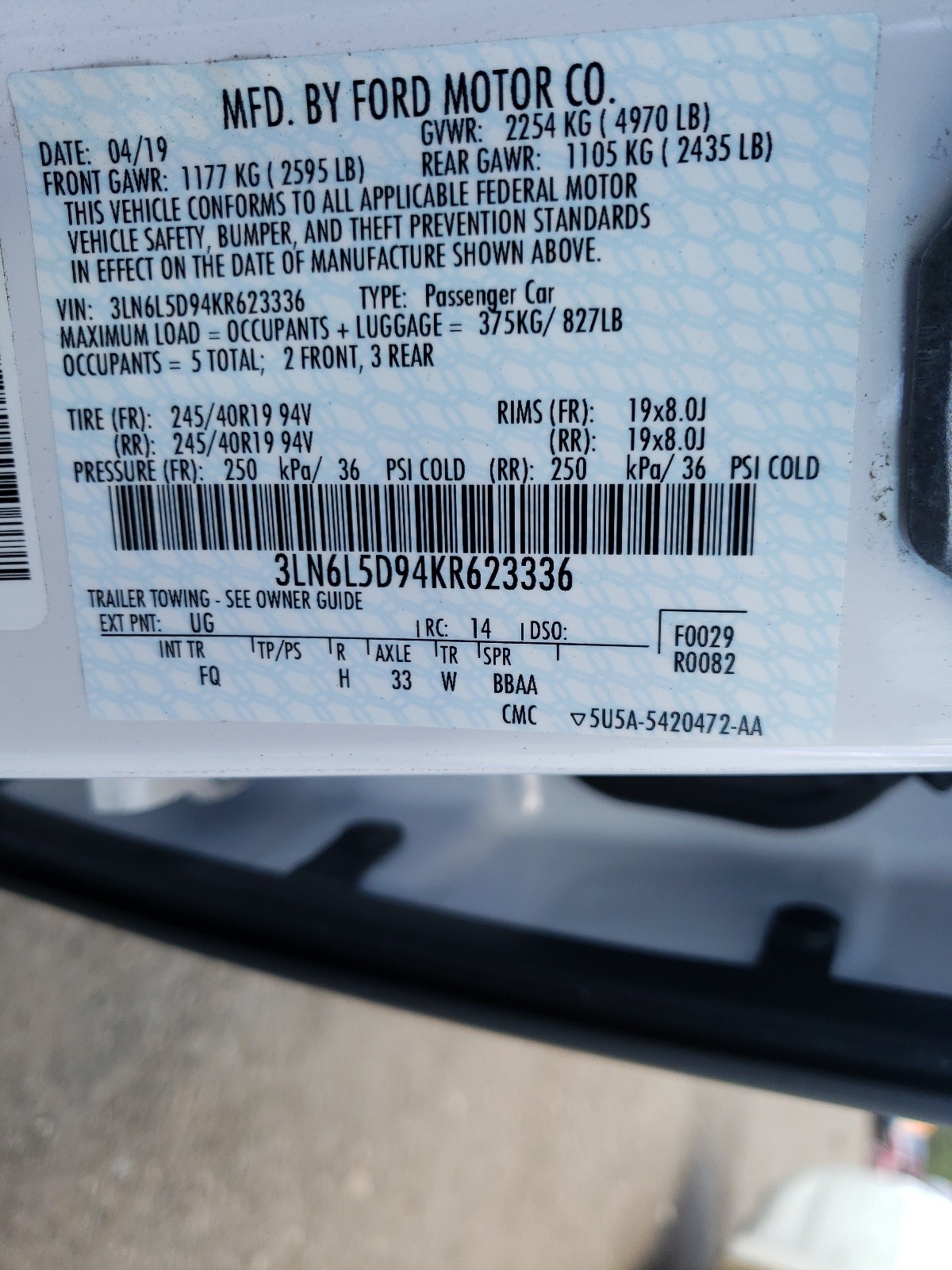 Photo 10 from auction – 2019 LINCOLN MKZ RESERV with VIN 3LN6L5D94KR623336