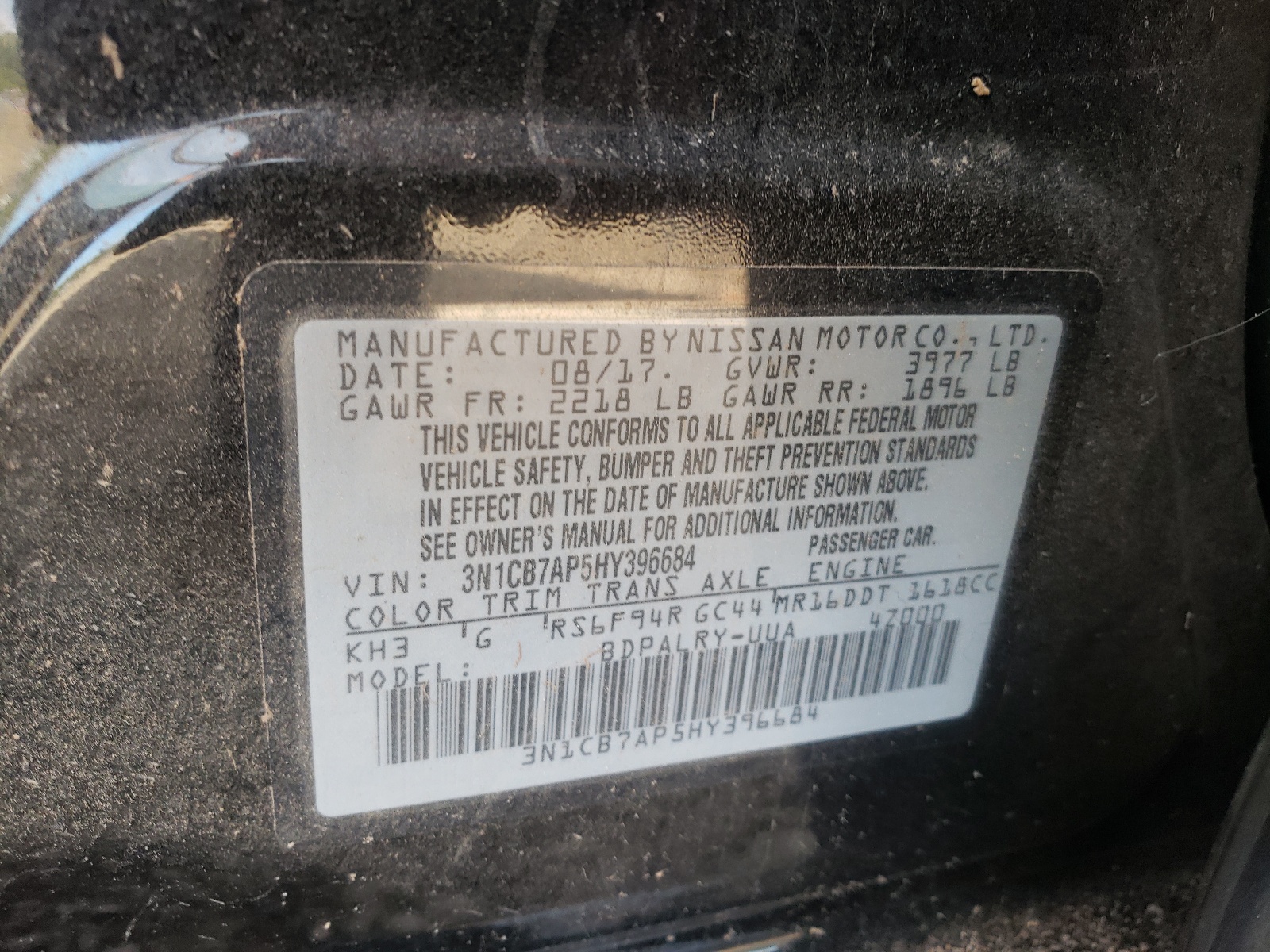 Photo 10 from auction – 2017 NISSAN SENTRA SR with VIN 3N1CB7AP5HY396684