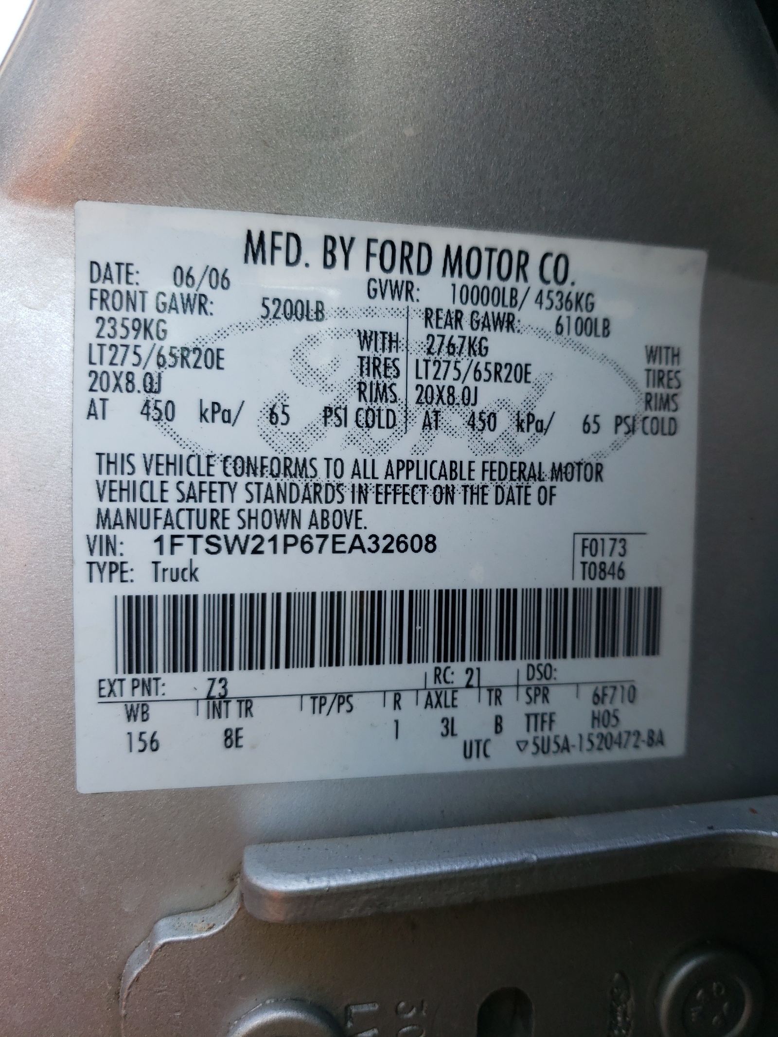 Photo 10 from auction – 2007 FORD F250 SUPER with VIN 1FTSW21P67EA32608