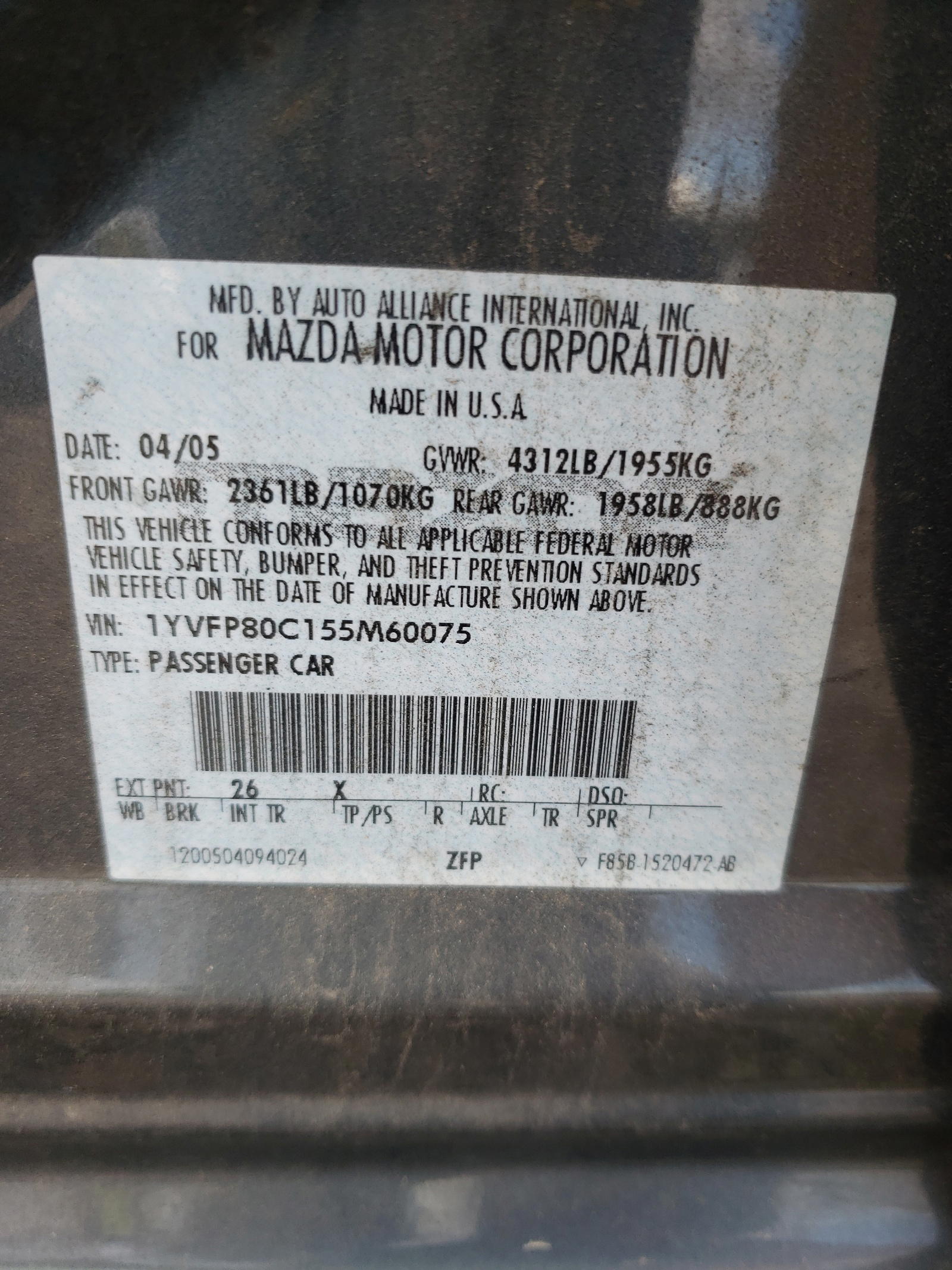 Photo 10 from auction – 2005 MAZDA 6 I with VIN 1YVFP80C155M60075