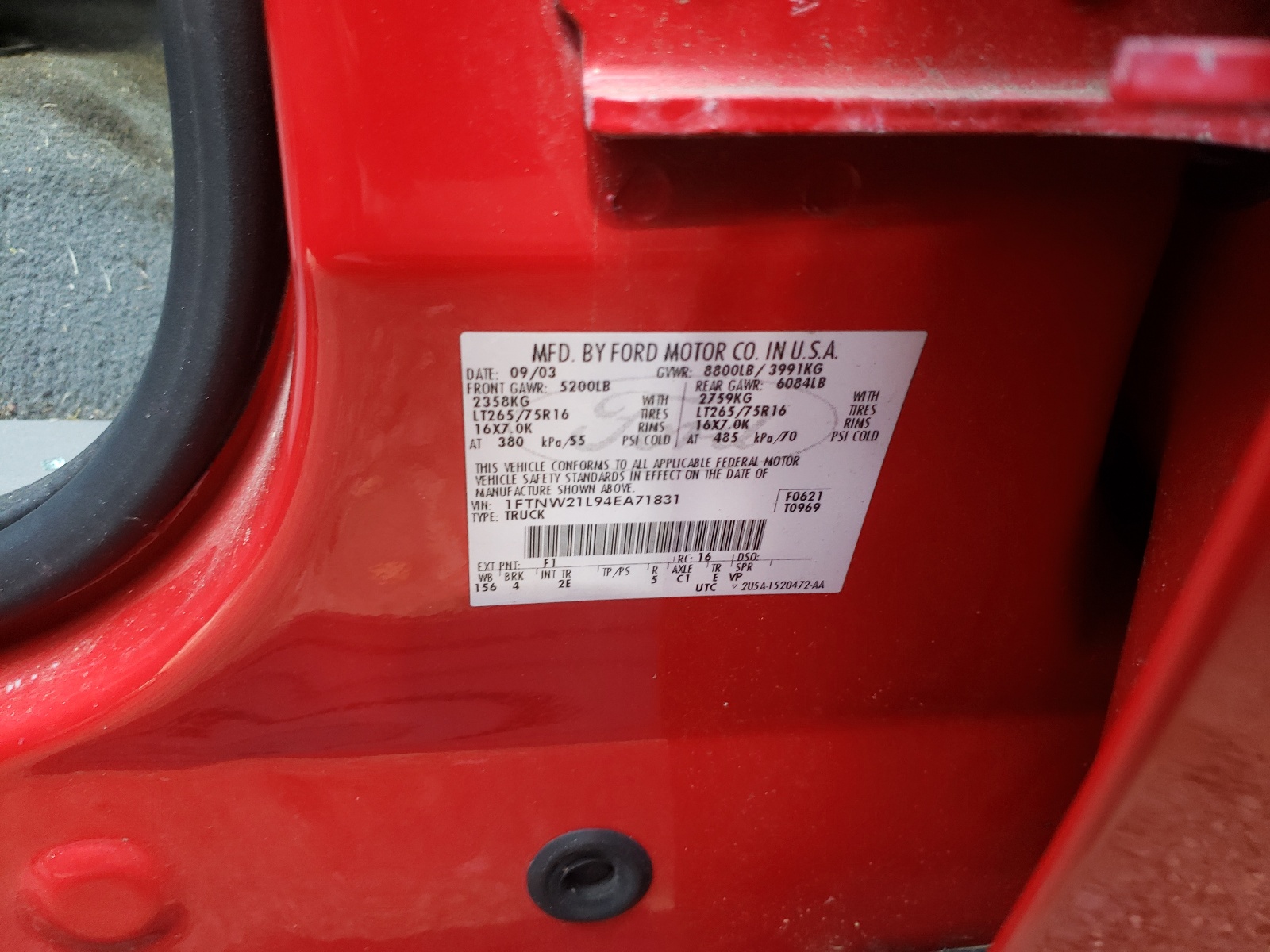 Photo 10 from auction – 2004 FORD F250 SUPER with VIN 1FTNW21L94EA71831