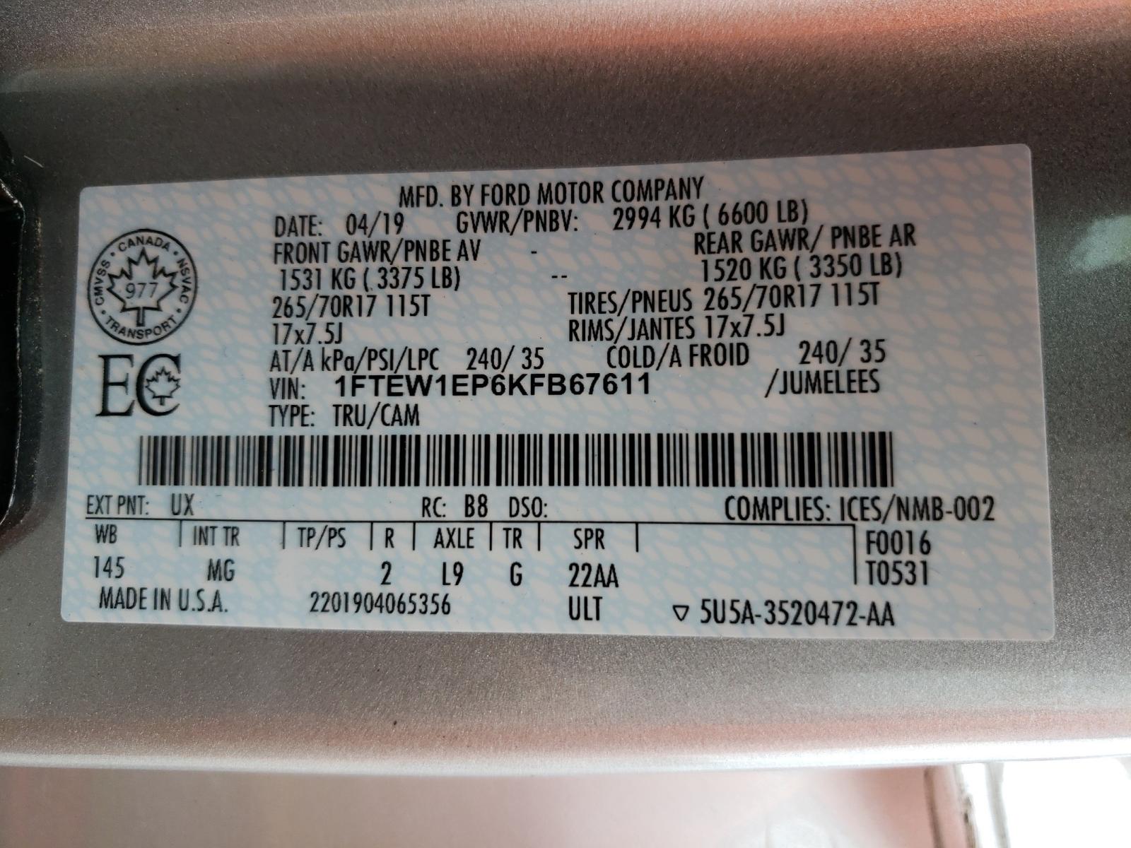 Photo 10 from auction – 2019 FORD F150 SUPER with VIN 1FTEW1EP6KFB67611