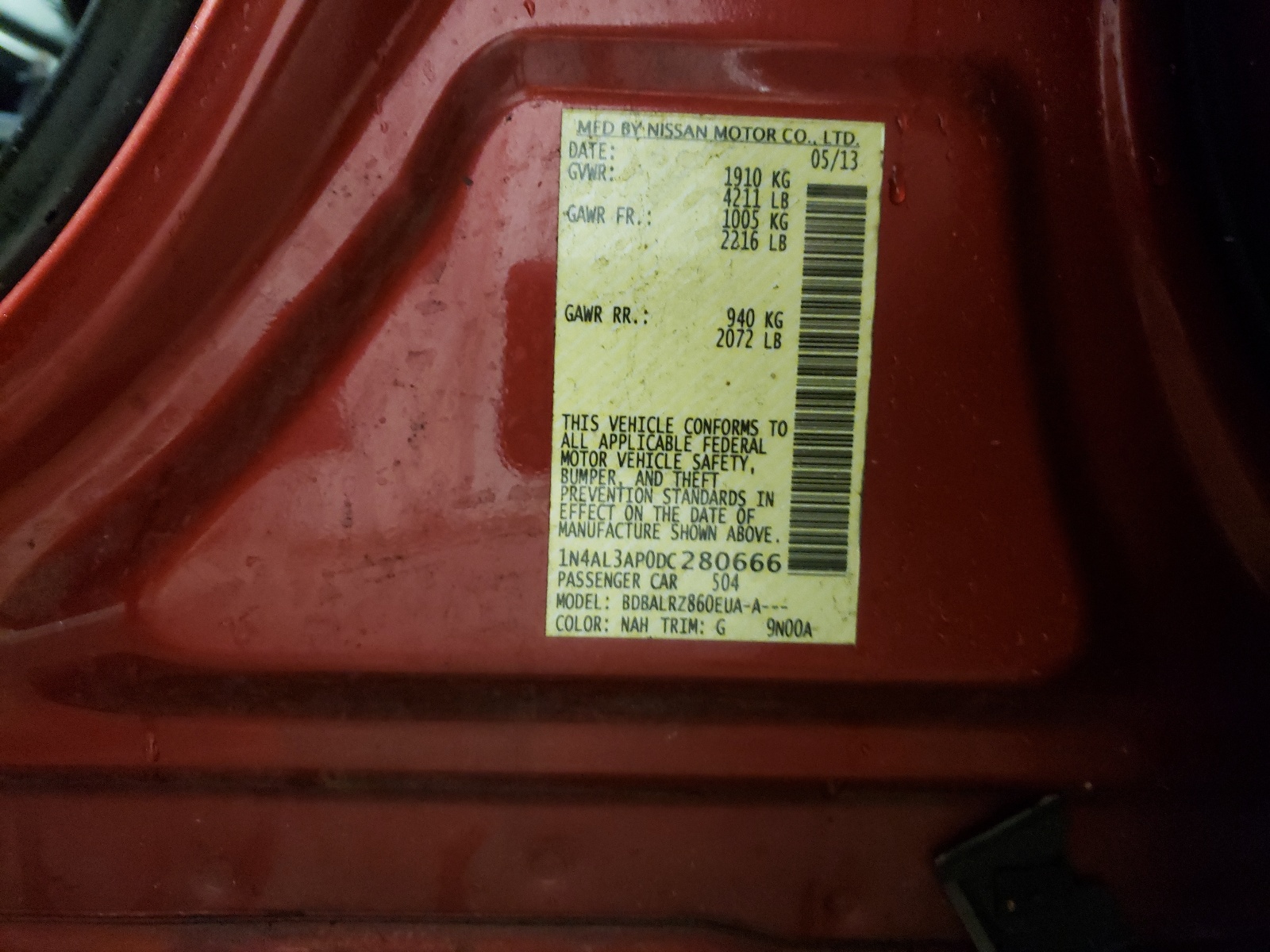 Photo 10 from auction – 2013 NISSAN ALTIMA 2.5 with VIN 1N4AL3AP0DC280666