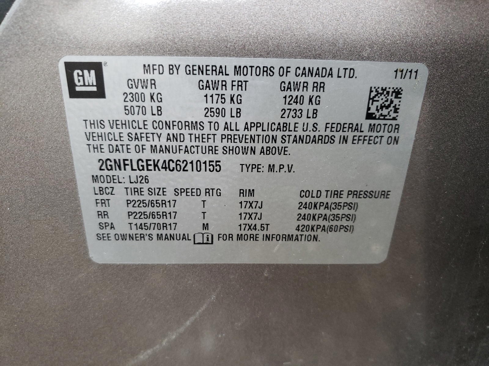 Photo 10 from auction – 2012 CHEVROLET EQUINOX LT with VIN 2GNFLGEK4C6210155
