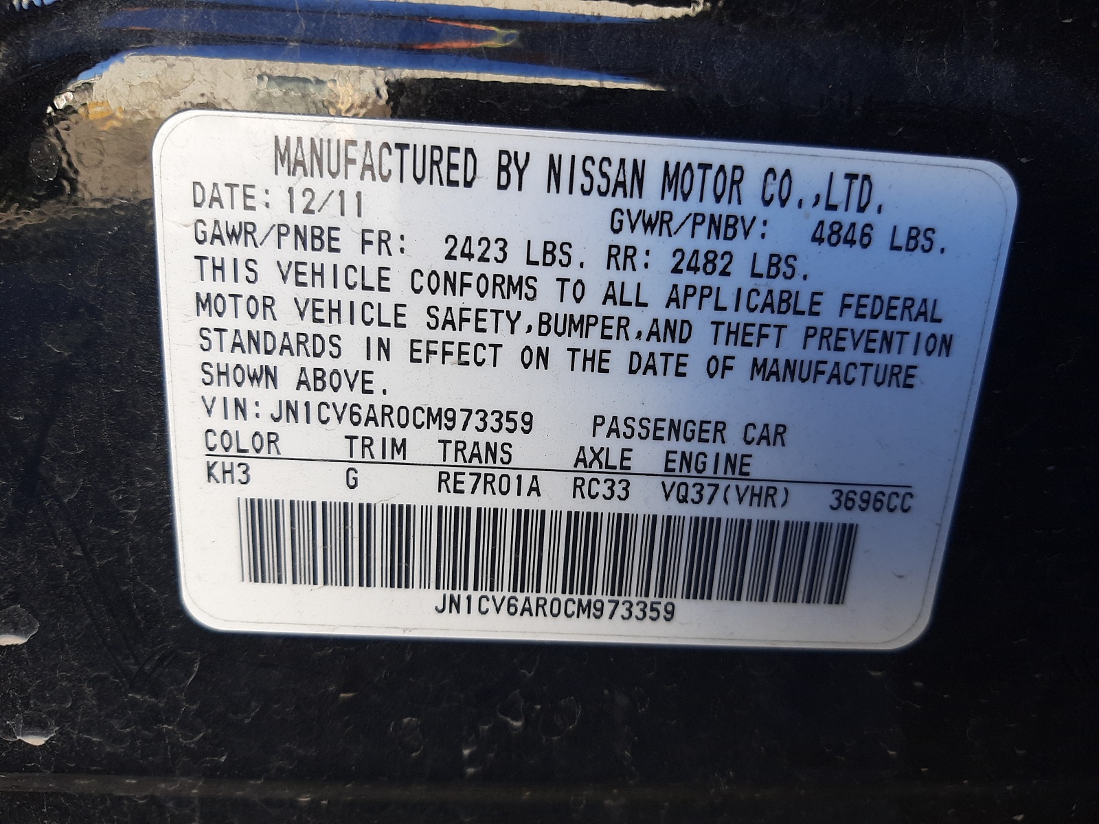 Photo 10 from auction – 2012 INFINITI G37 with VIN JN1CV6AR0CM973359