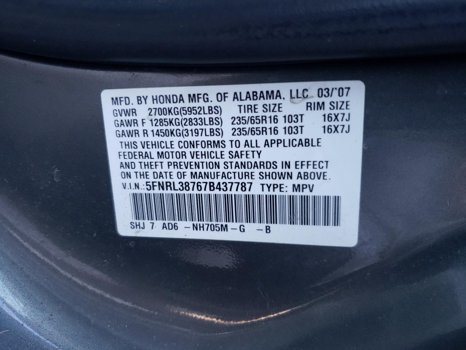 Photo 10 from auction – 2008 HONDA ODYSSEY with VIN 5FNRL38767B437787