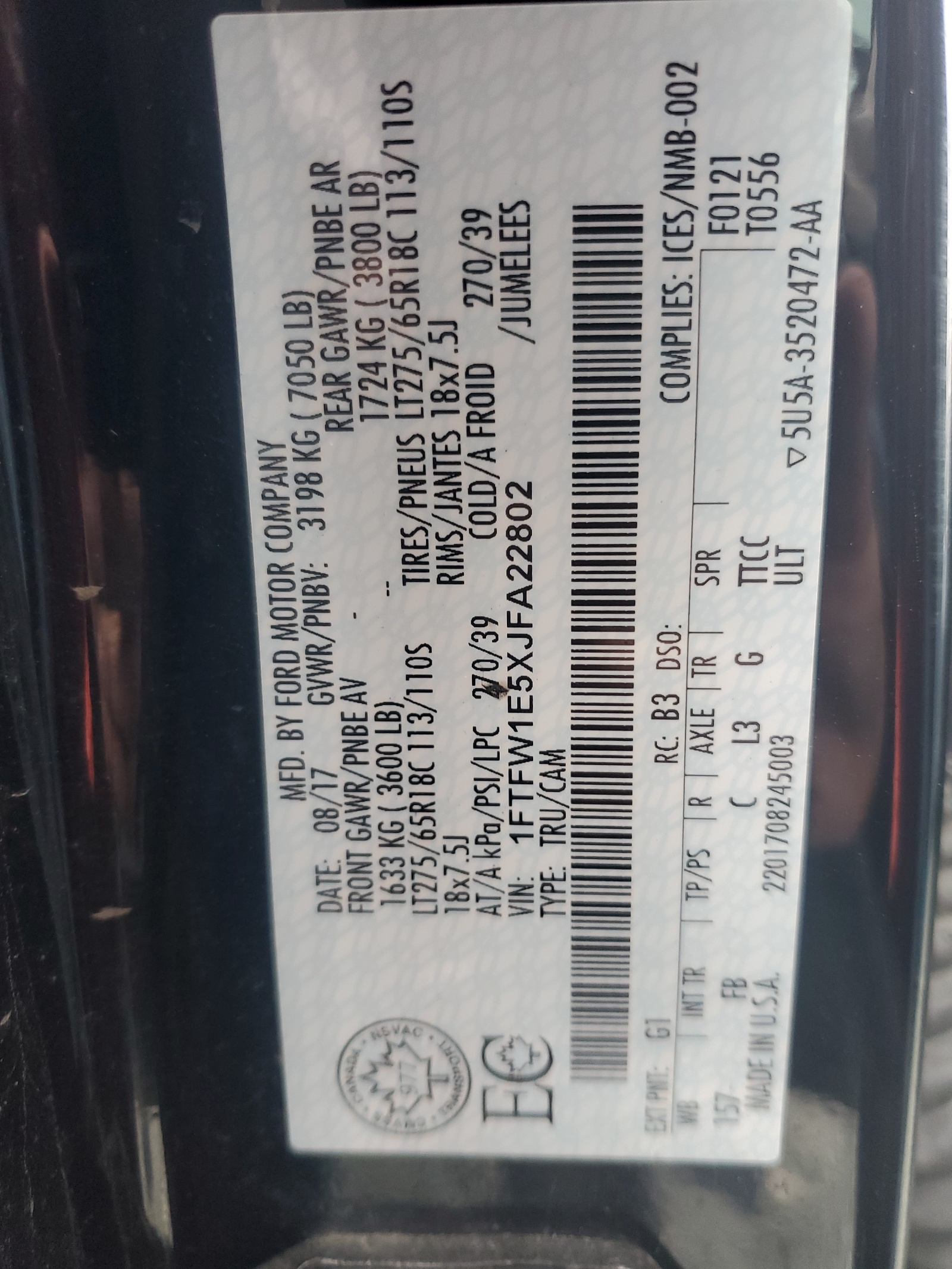 Photo 10 from auction – 2018 FORD F150 SUPER with VIN 1FTFW1E5XJFA22802