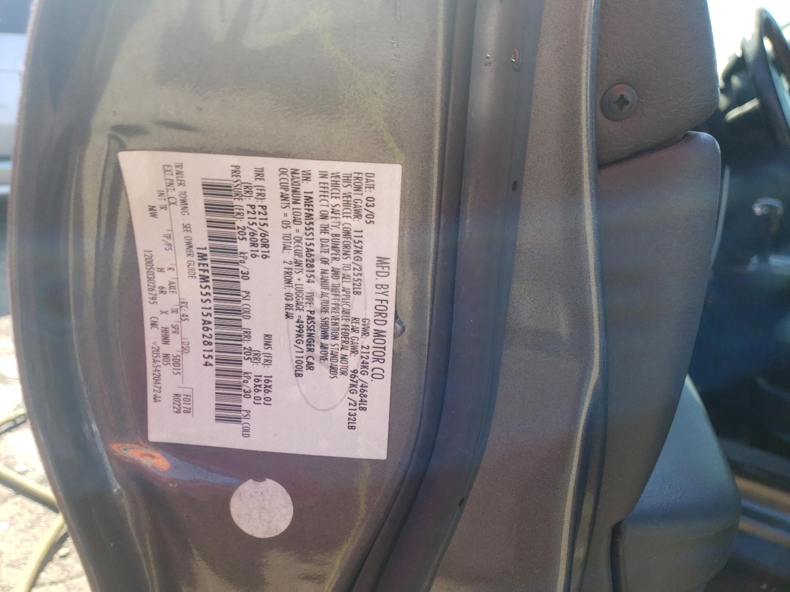 Photo 10 from auction – 2005 MERCURY SABLE LS P with VIN 1MEFM55S15A628154