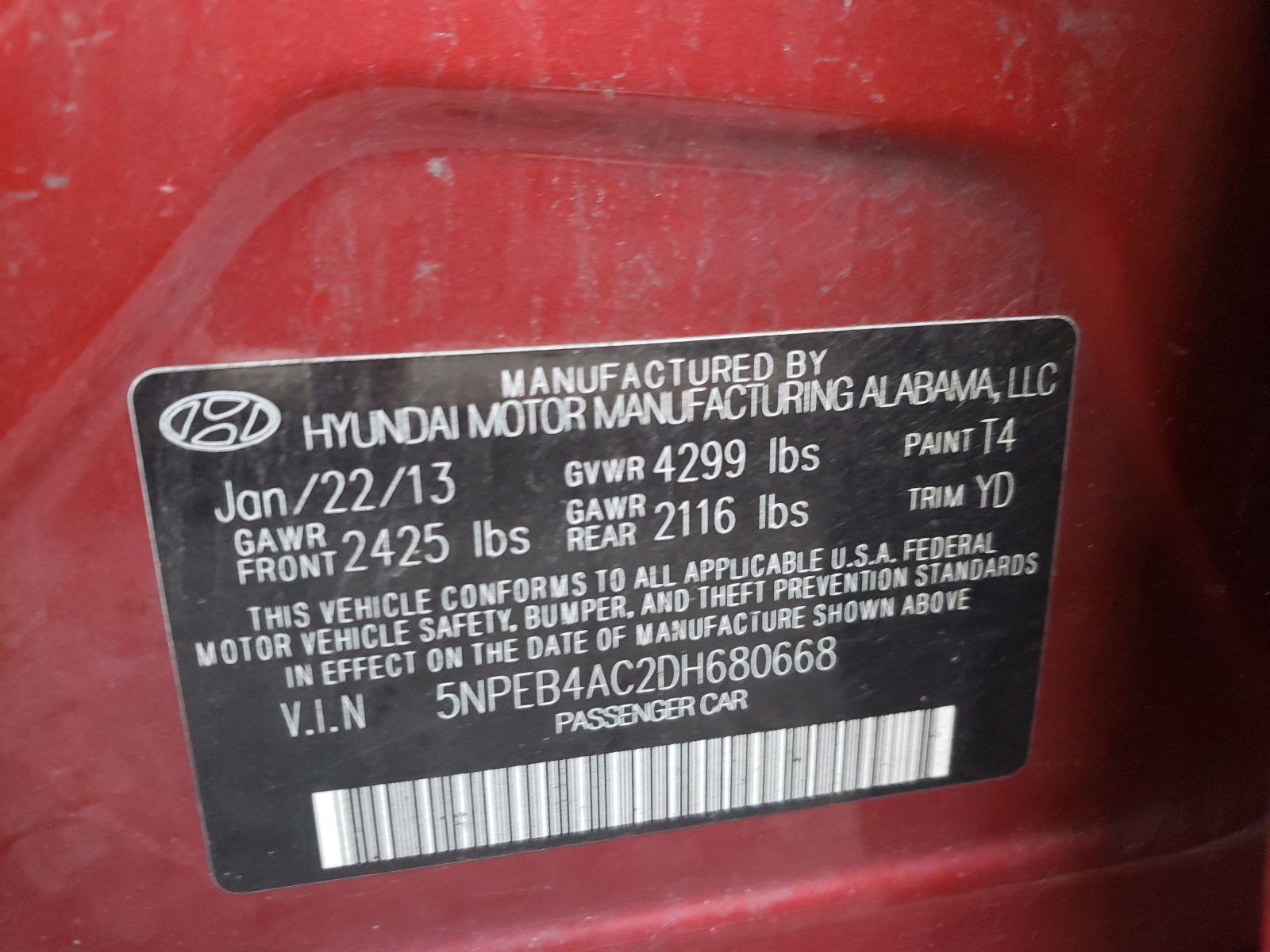 Photo 10 from auction – 2013 HYUNDAI SONATA GLS with VIN 5NPEB4AC2DH680668
