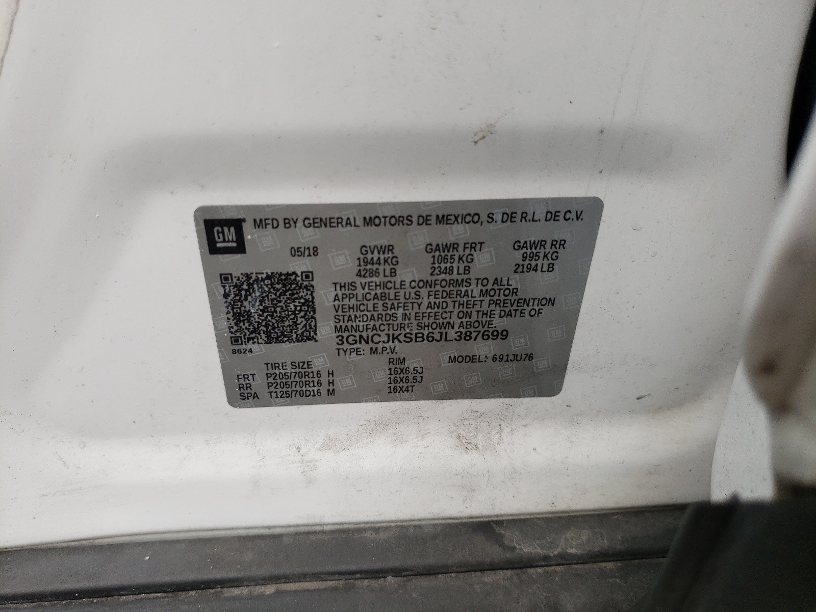 Photo 10 from auction – 2018 CHEVROLET TRAX LS with VIN 3GNCJKSB6JL387699