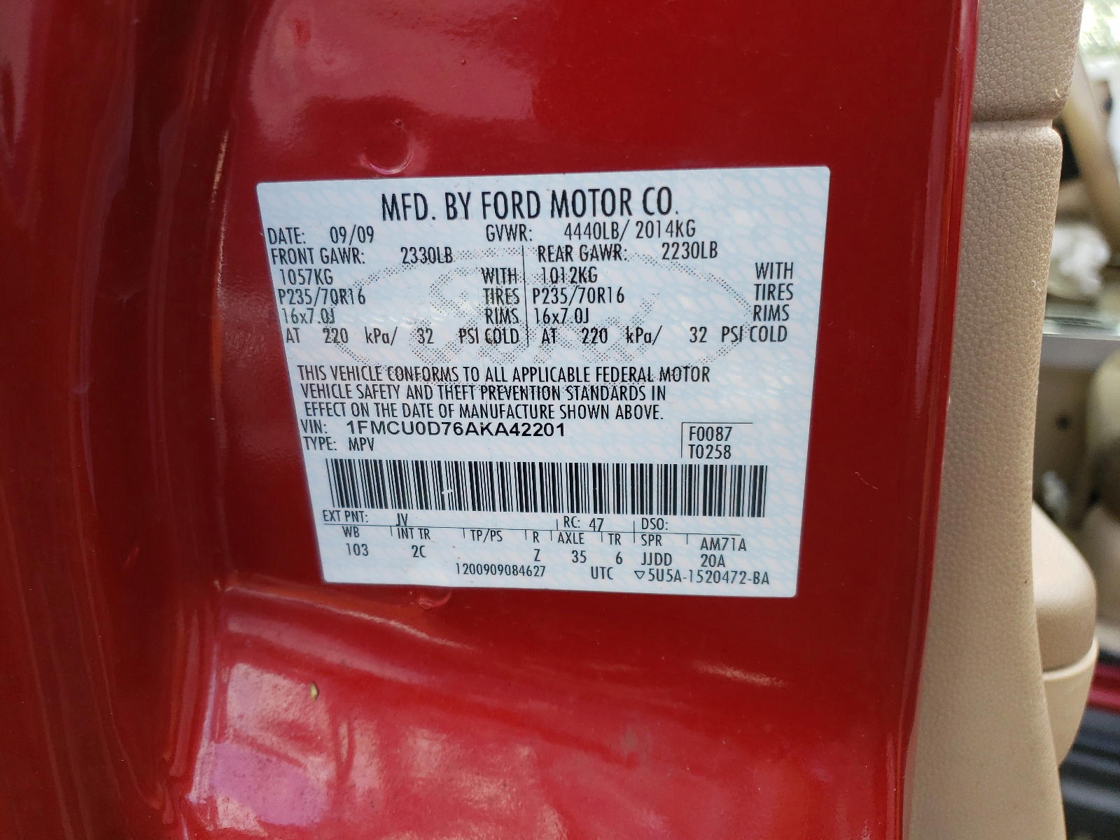 Photo 10 from auction – 2010 FORD ESCAPE XLT with VIN 1FMCU0D76AKA42201