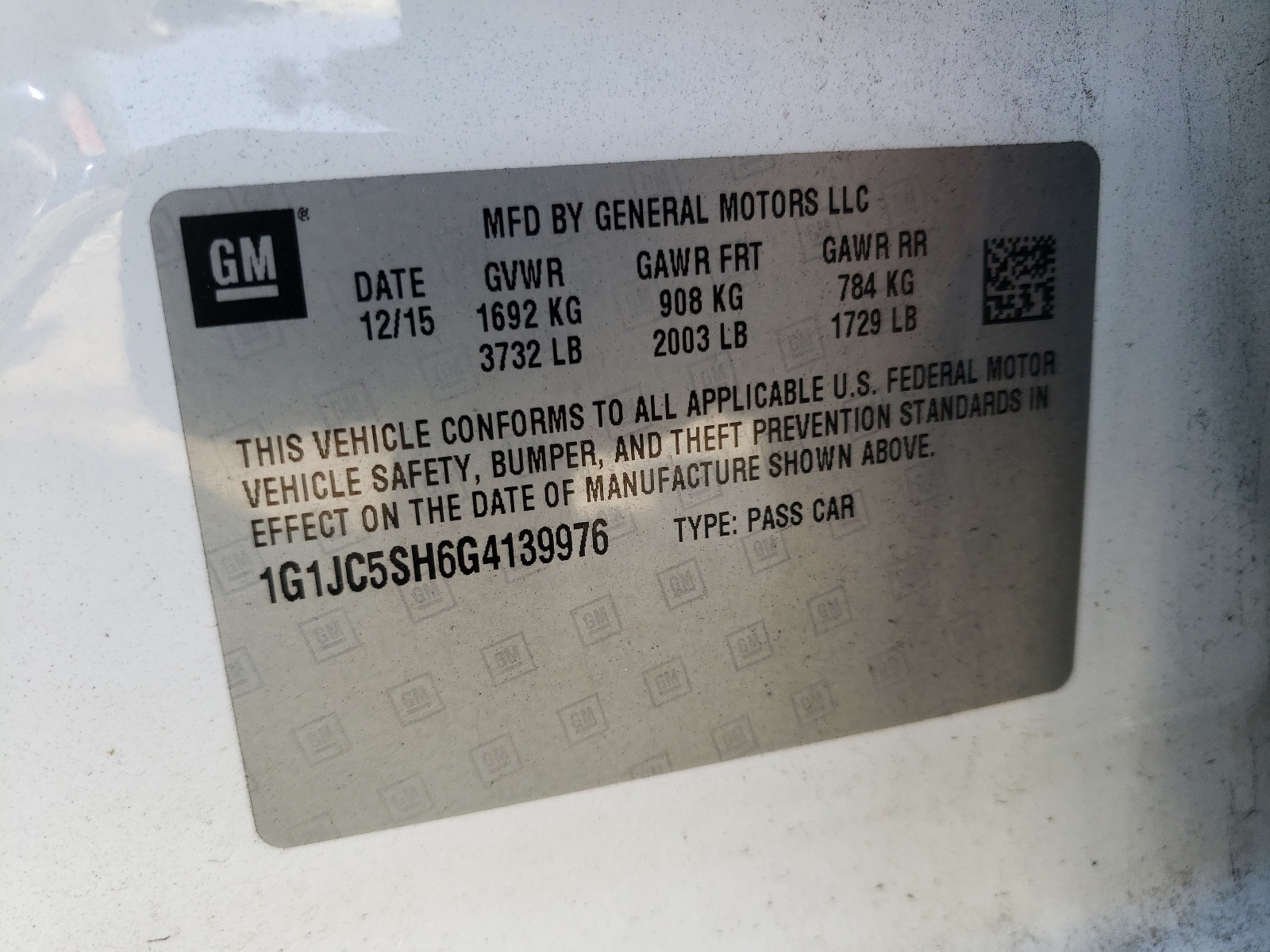 Photo 10 from auction – 2016 CHEVROLET SONIC LT with VIN 1G1JC5SH6G4139976