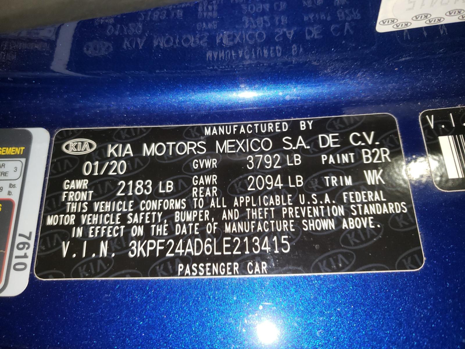 Photo 10 from auction – 2020 KIA FORTE FE with VIN 3KPF24AD6LE213415