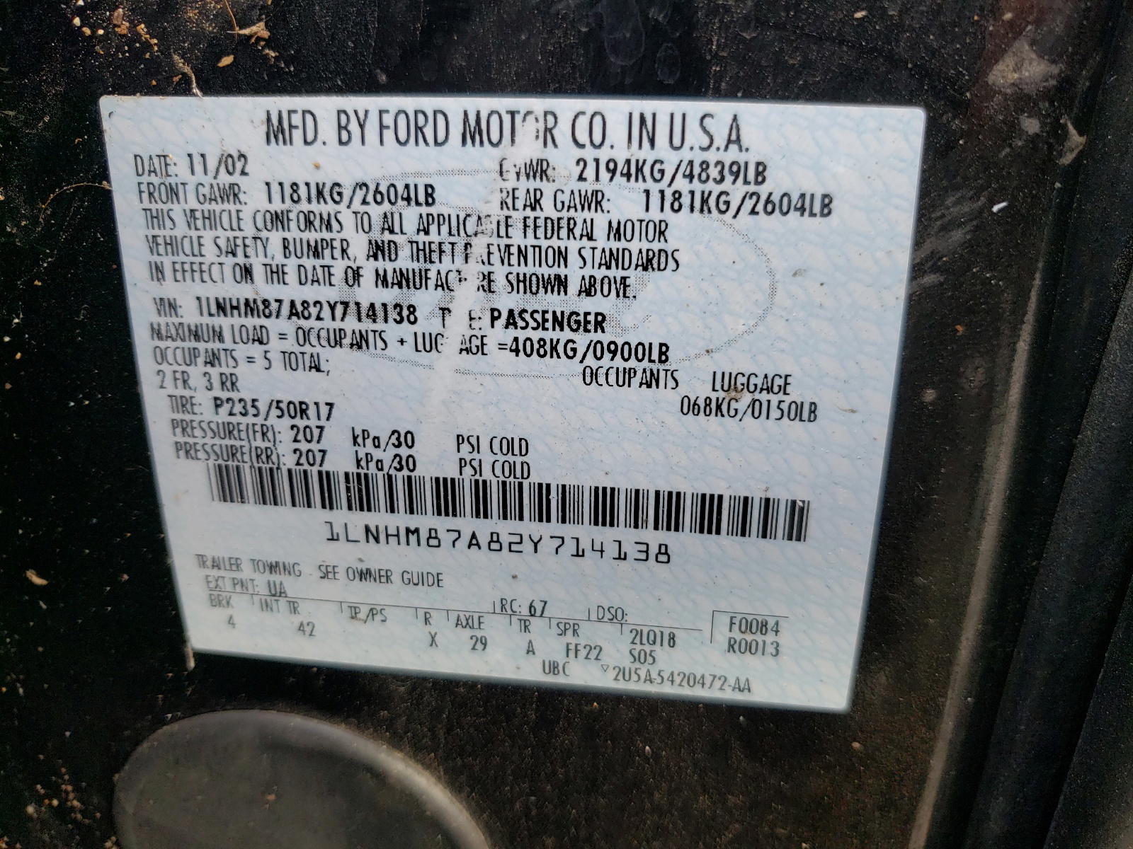 Photo 10 from auction – 2002 LINCOLN LS with VIN 1LNHM87A82Y714138