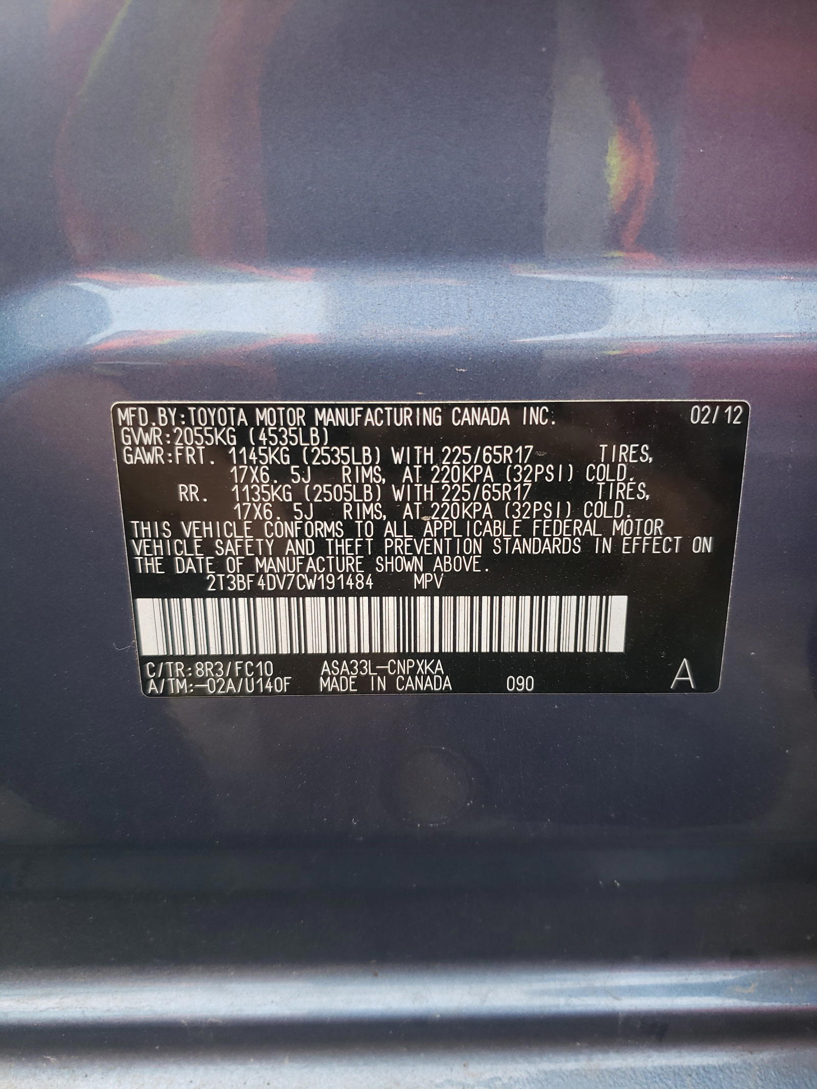 Photo 10 from auction – 2012 TOYOTA RAV4 with VIN 2T3BF4DV7CW191484