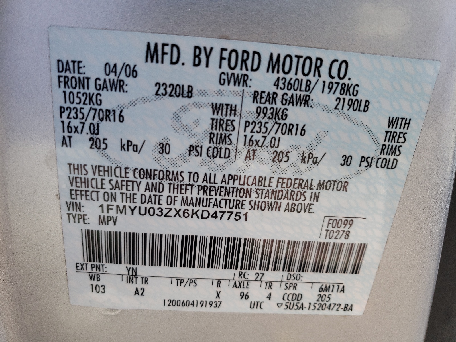Photo 10 from auction – 2006 FORD ESCAPE XLT with VIN 1FMYU03ZX6KD47751