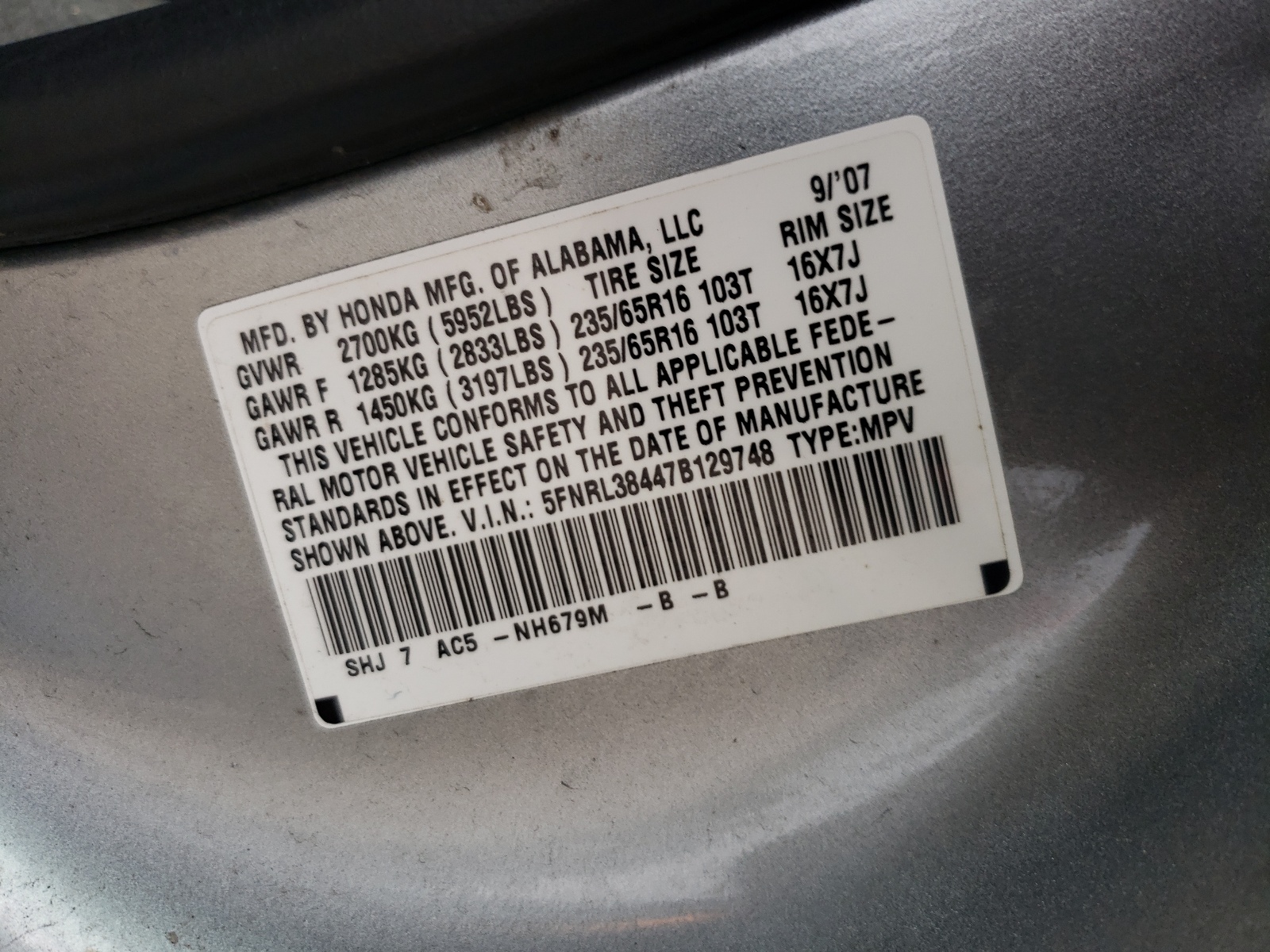 Photo 10 from auction – 2007 HONDA ODYSSEY EX with VIN 5FNRL38447B129748